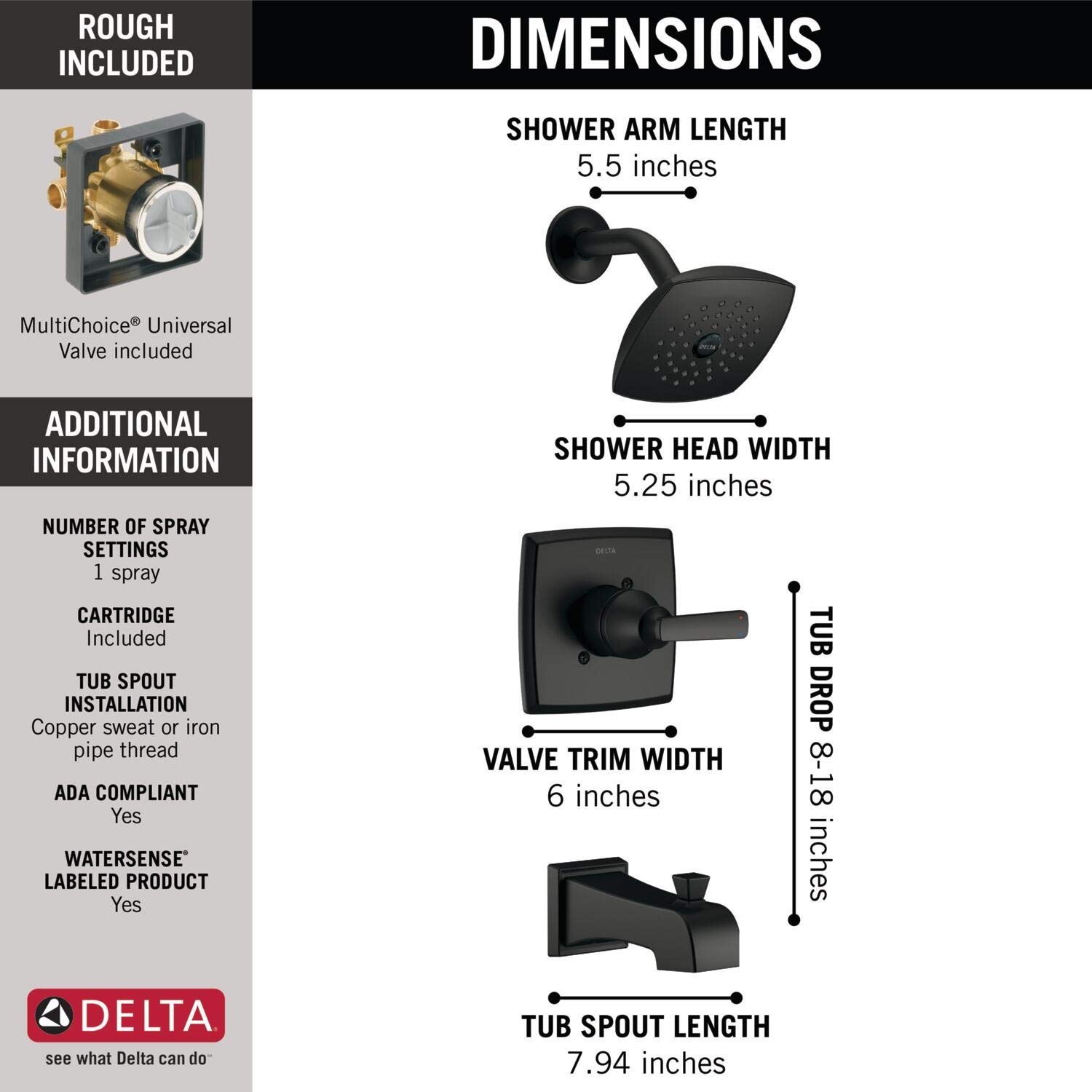 Ashlyn 14 Series Matte Black Single-Handle Tub and Shower Faucet Trim Kit with Touch-Clean Shower Head & Included Valve - T14464-BL | Perfect for Modern Bathroom Renovations & Spa-Like Shower Experience