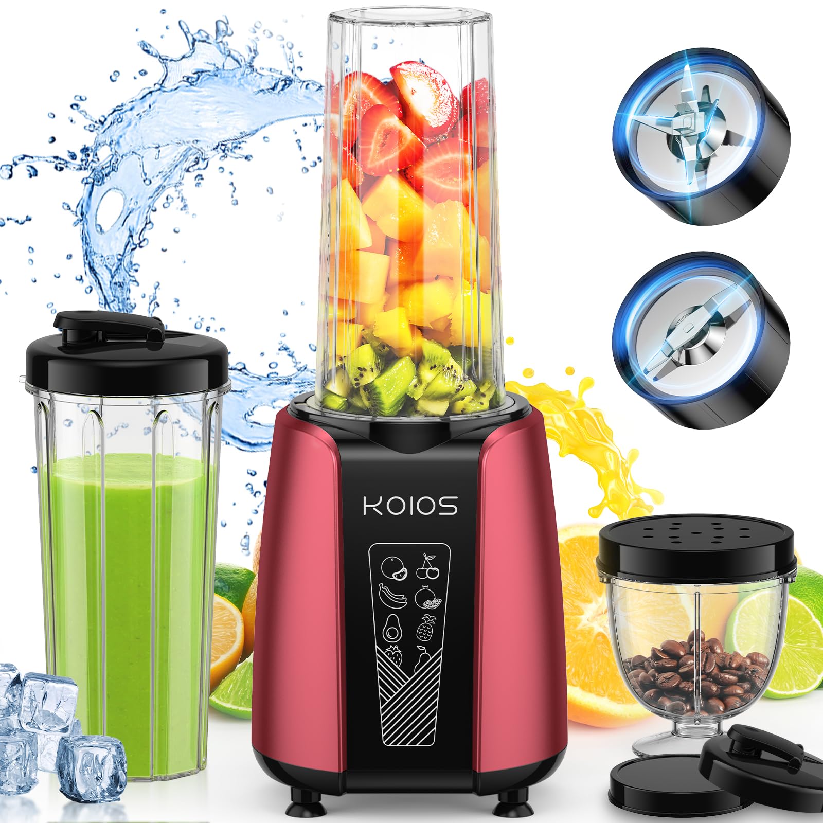 KOIOS 1000W High-Speed Smoothie Blender with 12-Piece Accessory Set - Personal Blender for Protein Shakes, Frozen Fruits, Coffee Grinding & Meal Prep - Includes 2x22oz BPA-Free Travel Cups - Perfect for Home, Office & Gym Use