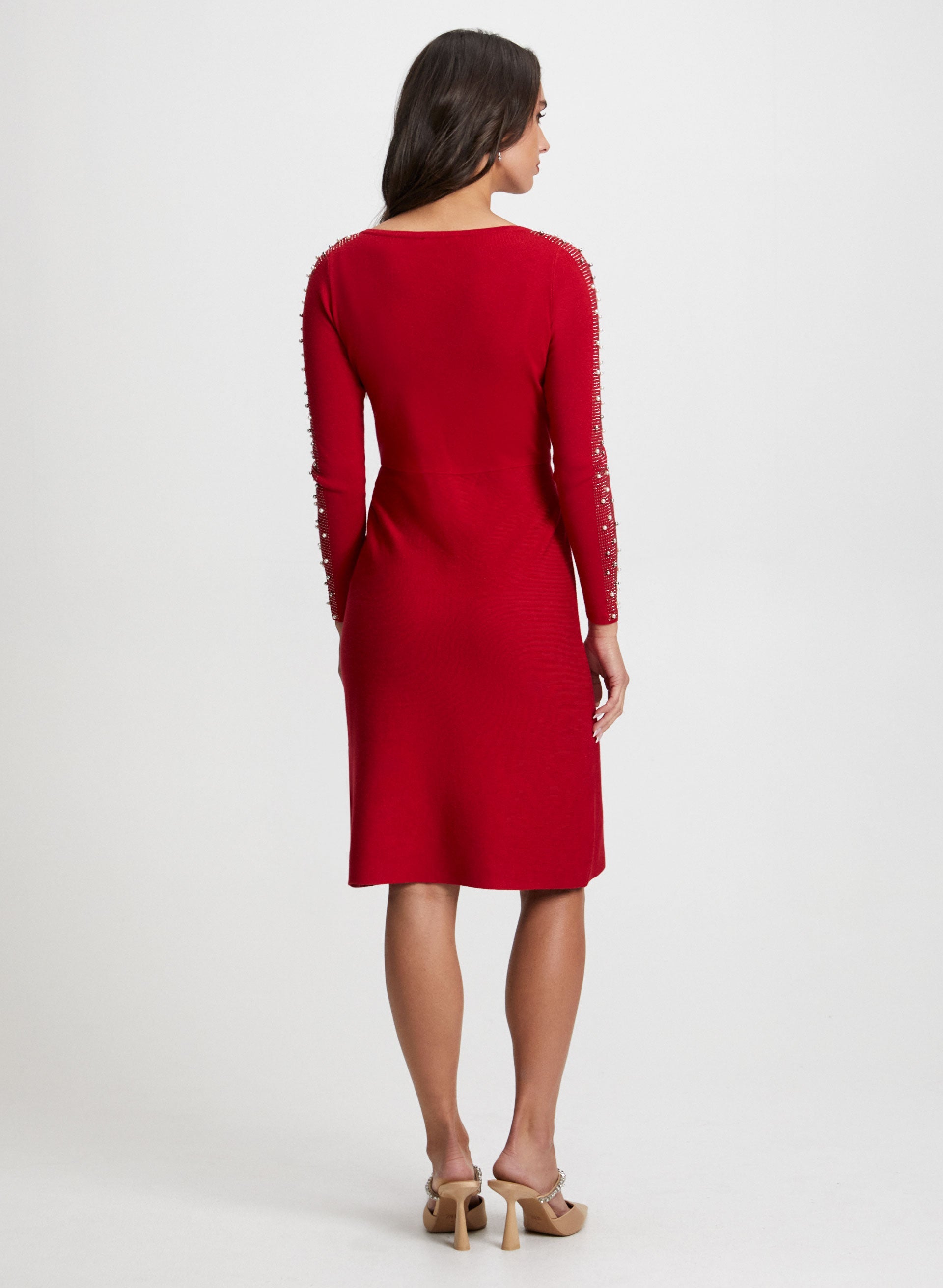 Embellished Sleeve Sweater Dress for Women - Elegant Long Sleeve Knit Dress with Beaded Details - Perfect for Holiday Parties, Date Nights & Office Wear