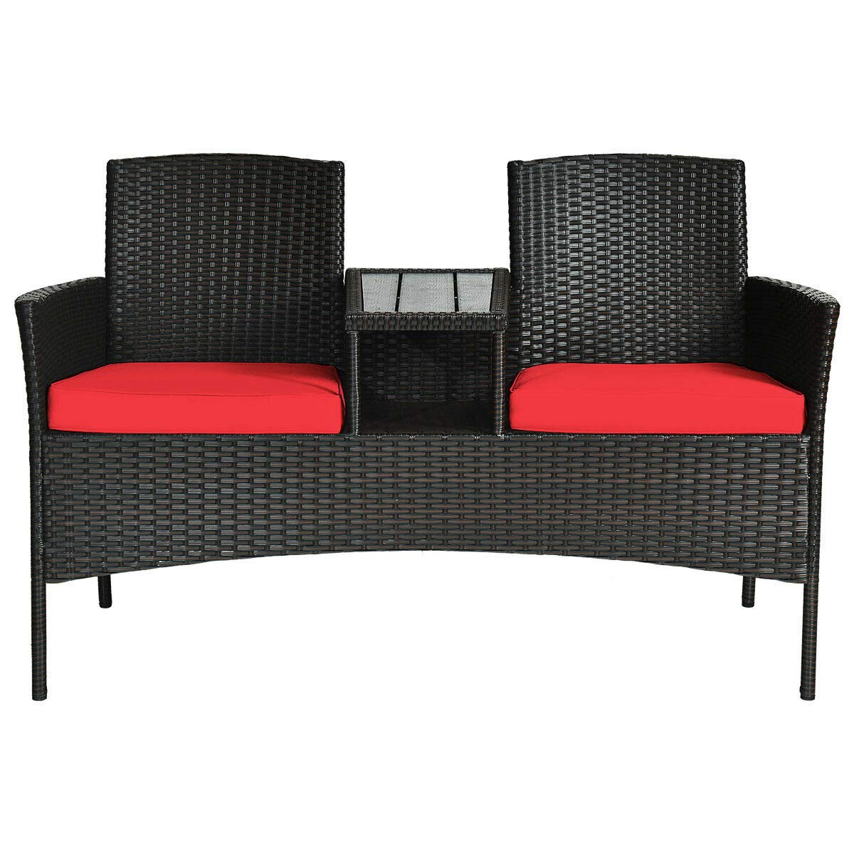 RELAX4LIFE Outdoor Rattan Wicker Conversation Set with Coffee Table & 2 Removable Cushion Chairs - Patio, Garden, Balcony, Lawn Furniture Loveseat (Brown+Red) - Perfect for Backyard Relaxation, Poolside Lounging & Outdoor Entertaining