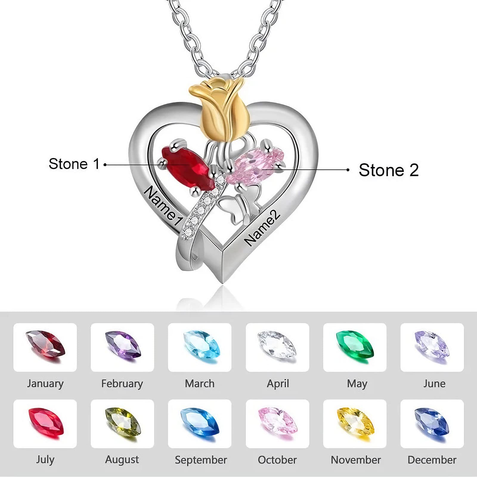 Personalized 925 Sterling Silver Birthstone Pendant Necklace with Custom Name Engraving - Unique Gift for Women, Mom, Sister, Daughter & Grandma | Perfect for Birthdays, Anniversaries & Mother's Day Jewelry