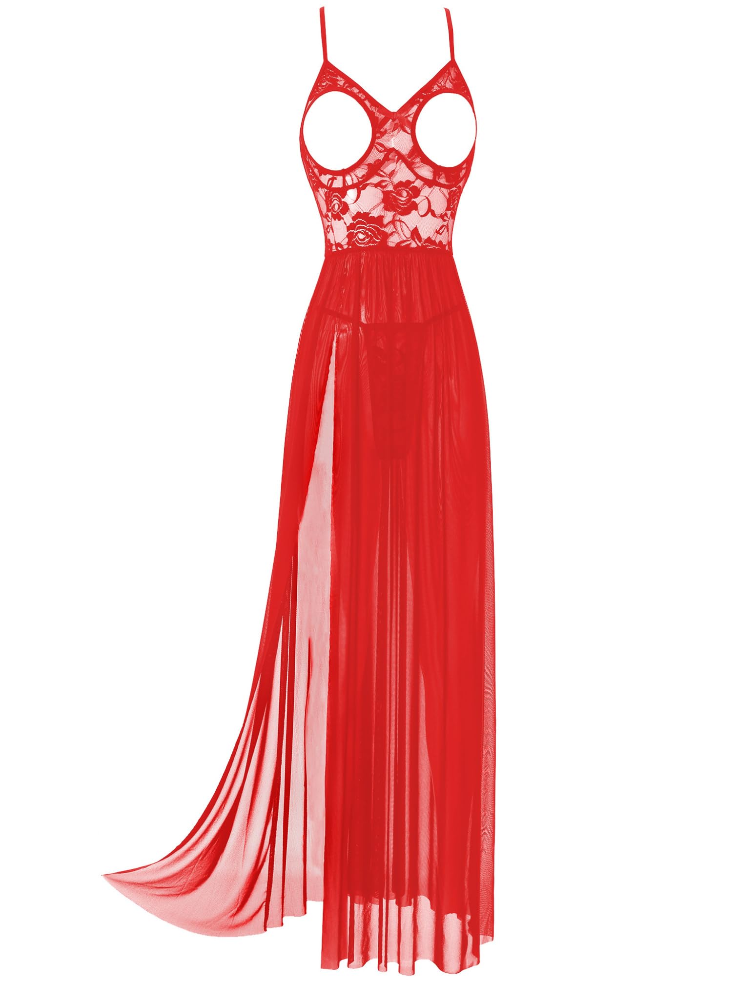 Sheer Floral Lace Slip Dress for Women - Sexy See-Through Nightgown with Open Cup & High Slit - Perfect for Date Night, Boudoir Photography and Romantic Occasions