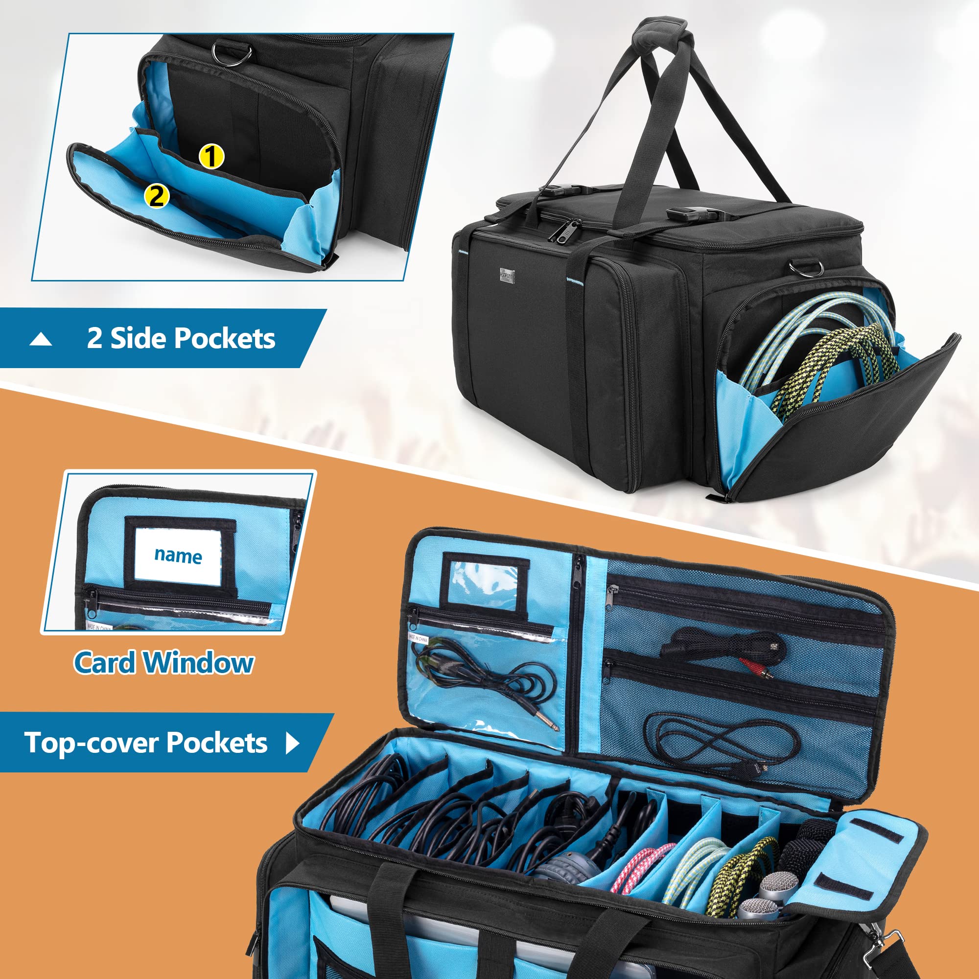 Professional DJ Gig Bag - Heavy Duty Travel DJ Cable Storage Case with Padded Bottom & Adjustable Dividers | DJ Equipment Organizer for Microphones, 14