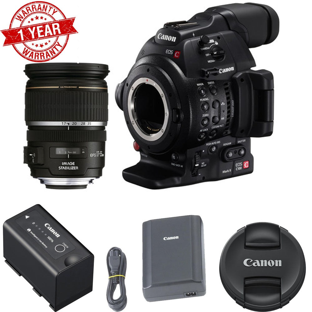 Canon EOS C100 Mark II Professional Cinema Camera with EF-S 17-55mm f/2.8 IS USM Lens Kit - 4K Video Recording, Dual Pixel AF - Perfect for Documentary Filmmaking & Wedding Videography
