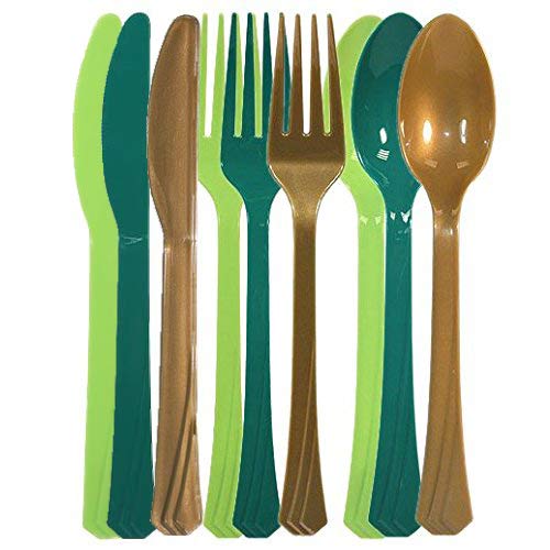 Tiger Chef 72-Pack Heavy Duty Plastic Cutlery Set - 24 Forks, 24 Spoons, 24 Knives in Hunter Green, Lime Green & Gold | Durable Disposable Silverware for Parties, Picnics, BBQs & Catering Events