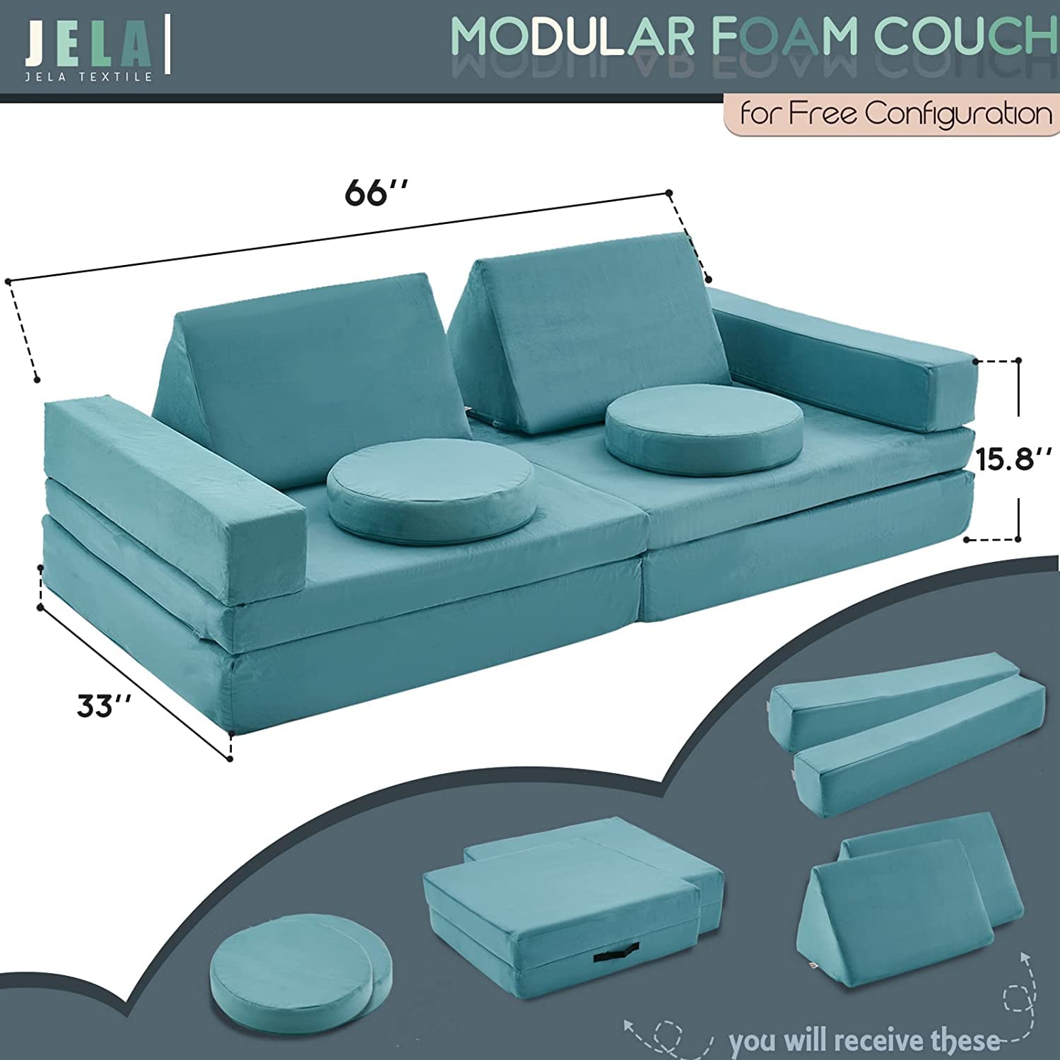 Jela Modular Sectional Sofa - 10PCS Extended Size Floor Couch with Futons, Foam Play Furniture for Kids & Adults (Light Blue) - Perfect for Playrooms, Living Rooms & Small Spaces