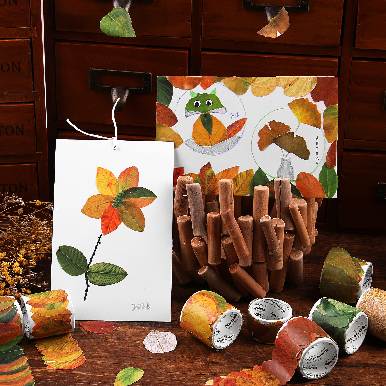 Fall Leaf Washi Tape Stickers - 400 Pieces (8 Rolls) for Card Making, Scrapbooking, Journaling & DIY Crafts - Perfect for Autumn Decorations, Bullet Journals & Gift Wrapping