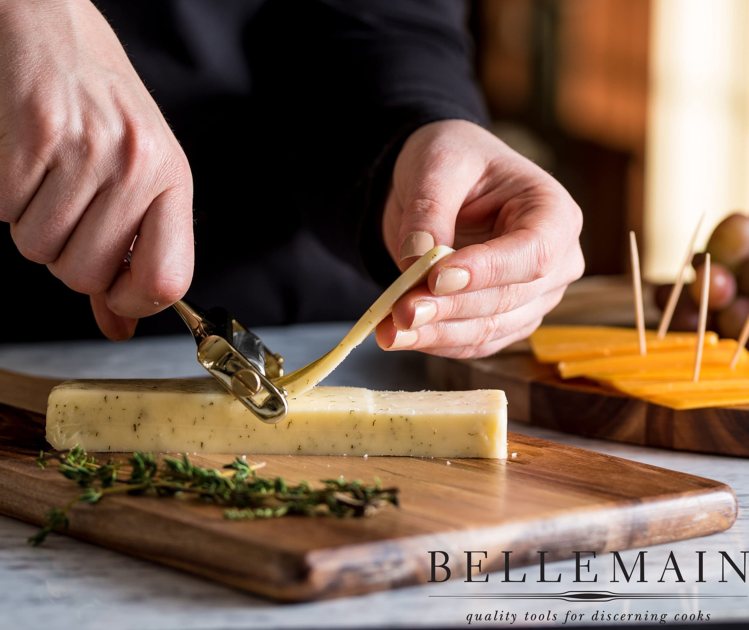 Bellemain Stainless Steel Wire Cheese Slicer - Adjustable Handheld Cheese Cutter for Cheddar, Gruyere, Raclette, Mozzarella - Cheese Shaver & Curler for Perfect Thin or Thick Slices (Gold) - Ideal for Charcuterie Boards, Party Platters & Home Kitchen Use