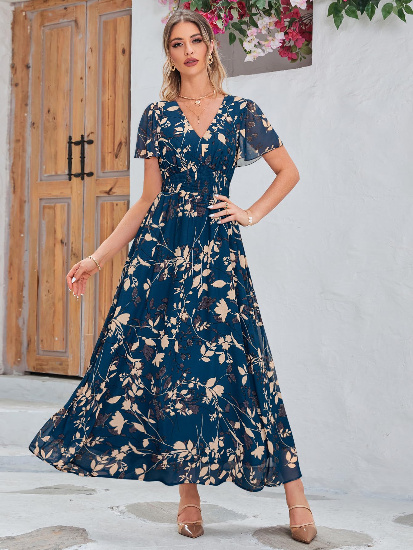 Simplee Women's Boho Floral Maxi Dress - Flowy Casual V-Neck Short Sleeve Wedding Guest Dress for Holiday, Beach & Summer Vacations | Perfect for Outdoor Parties, Date Nights & Tropical Getaways