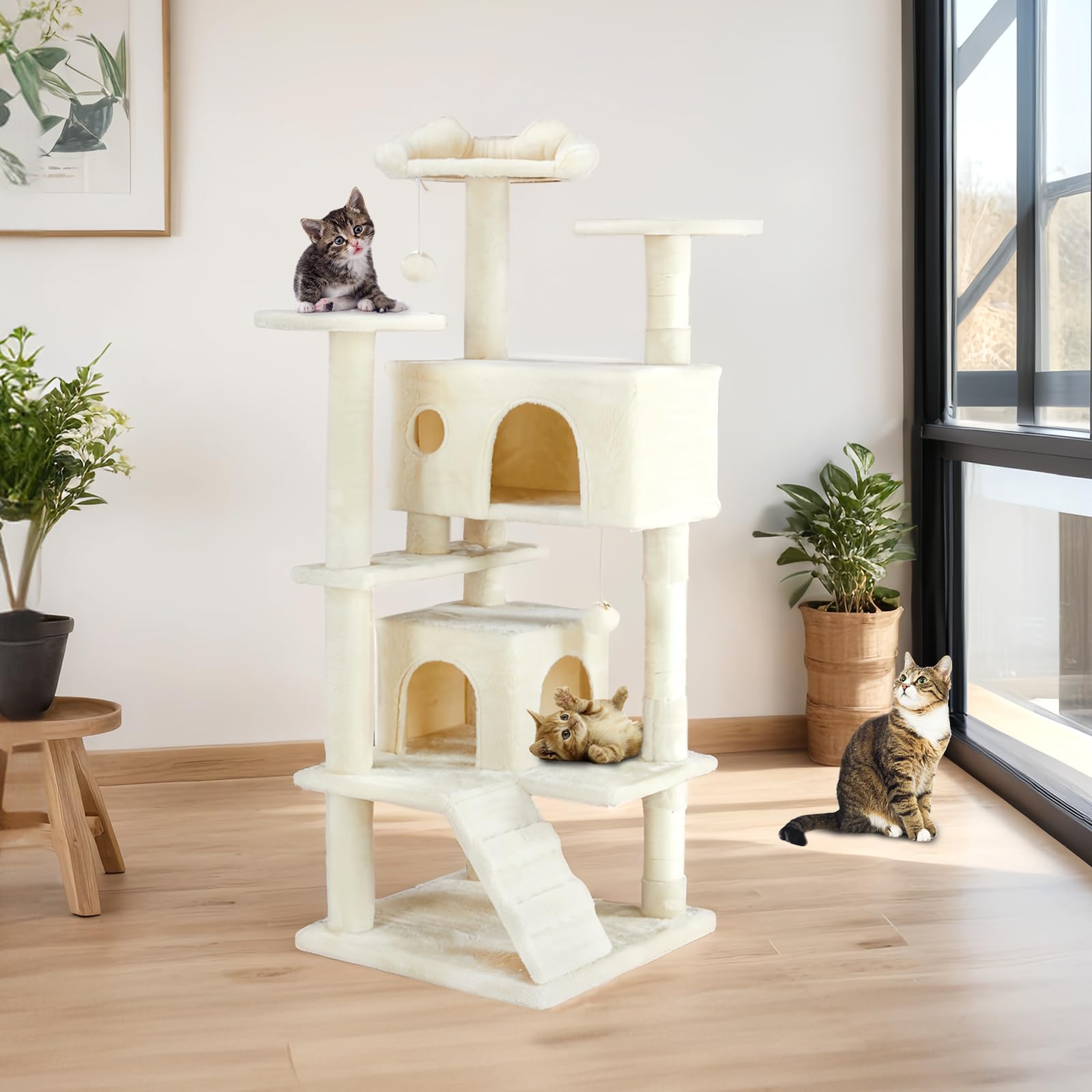FluffyDream 54-Inch Multi-Level Cat Tree Tower for Indoor Cats - Large Cat Condo with Sisal Scratching Posts, Playhouse & Perches for Kittens & Adult Cats (Beige) | Perfect for Small Spaces, Apartments & Multi-Cat Households