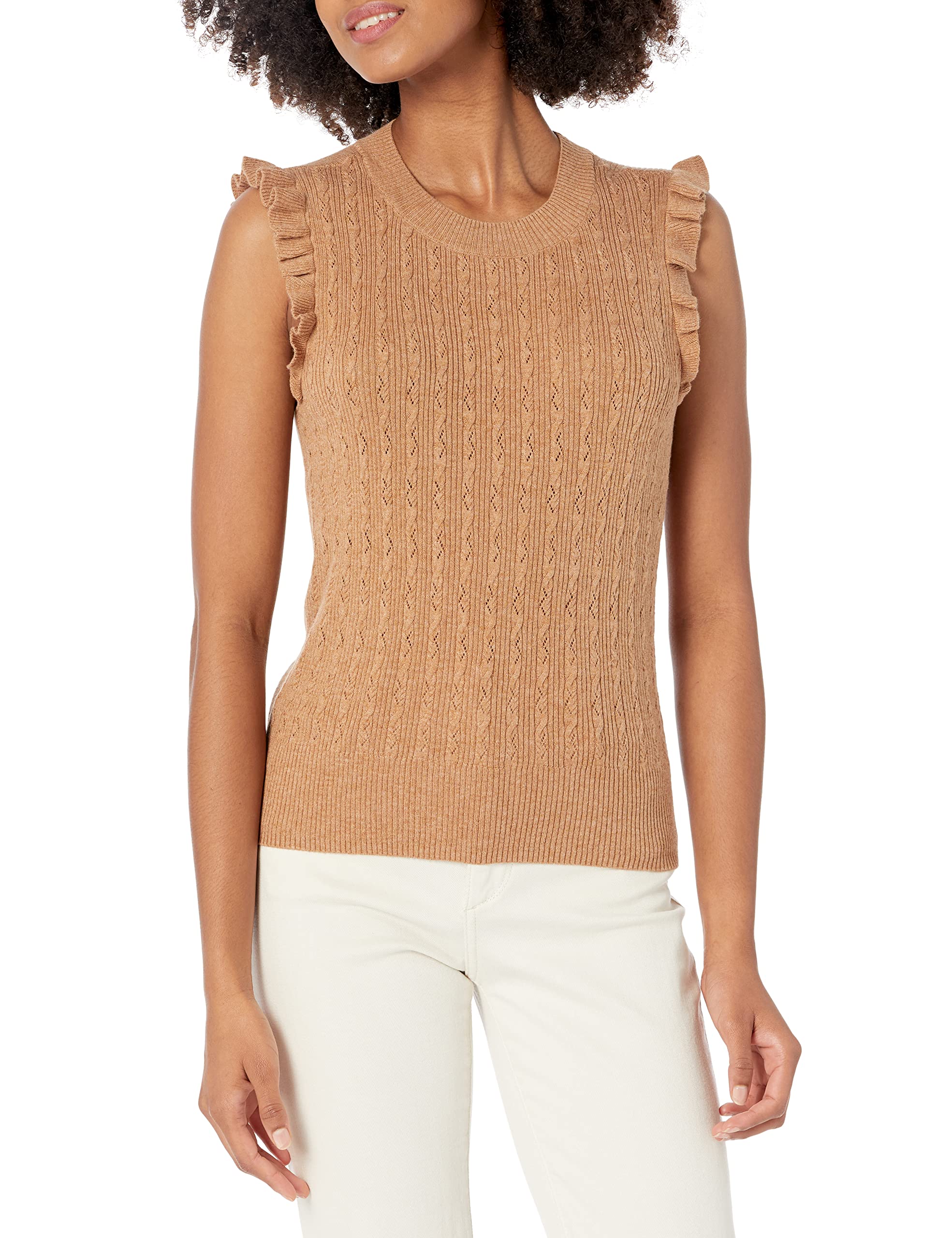 PAIGE Women's Sleeveless Ruffle Trim Sweater with Stitch Detail in Dark Camel - Perfect for Casual Outings, Date Nights & Office Wear