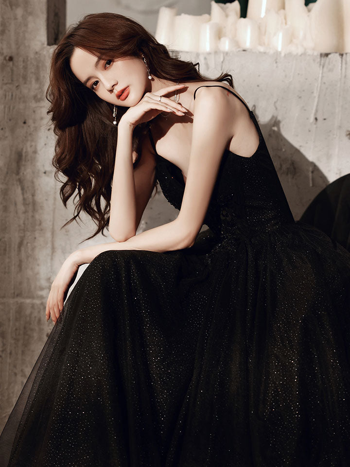 Elegant Black V-Neck Tulle Lace Long Prom Dress for Women - Perfect for Evening Gala, Homecoming, and Formal Events
