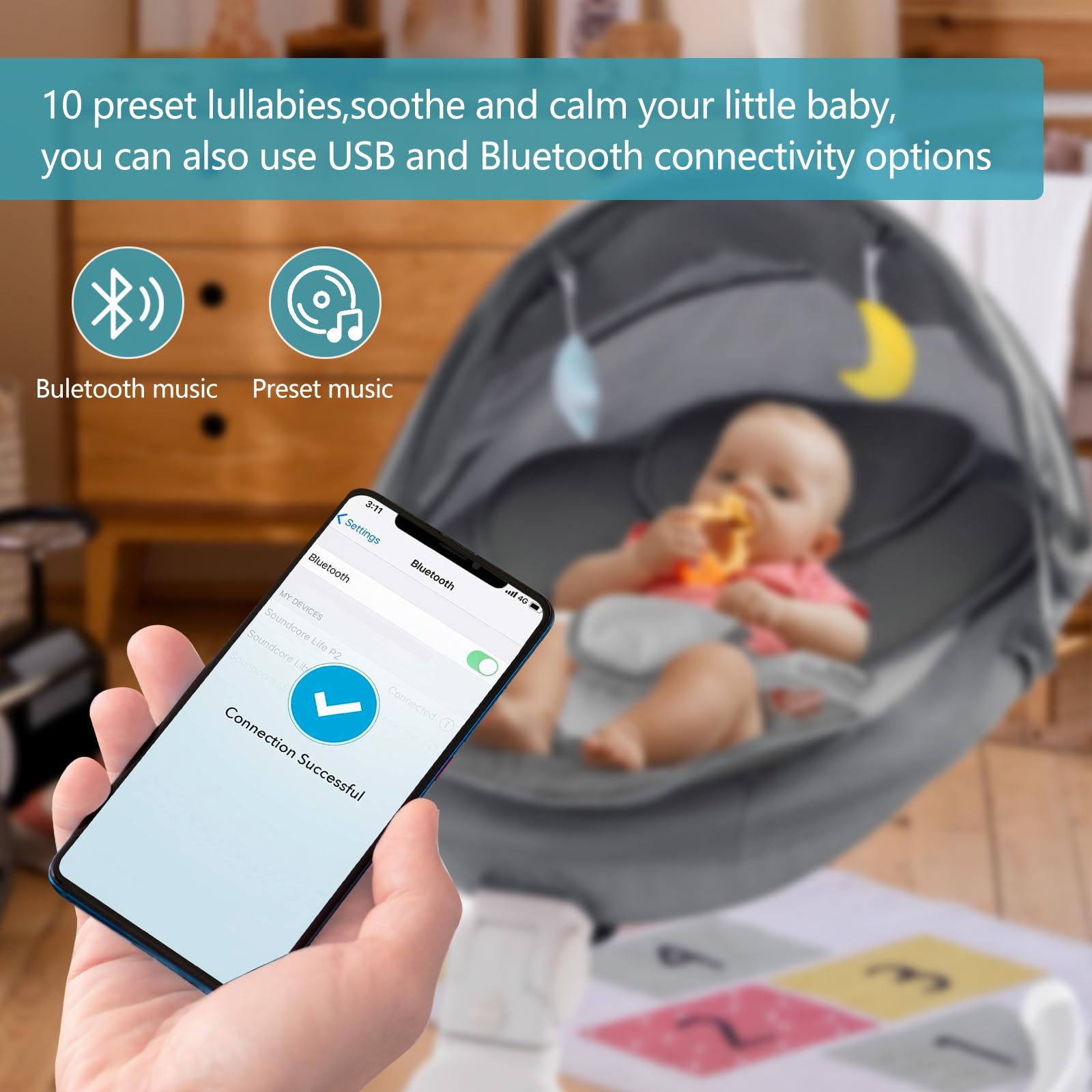 Portable Baby Swing for Newborns & Infants - Comfort Cradling Rocker with Music, Remote Control & Timer - Black - Perfect for Nursery, Travel & Soothing Fussy Babies