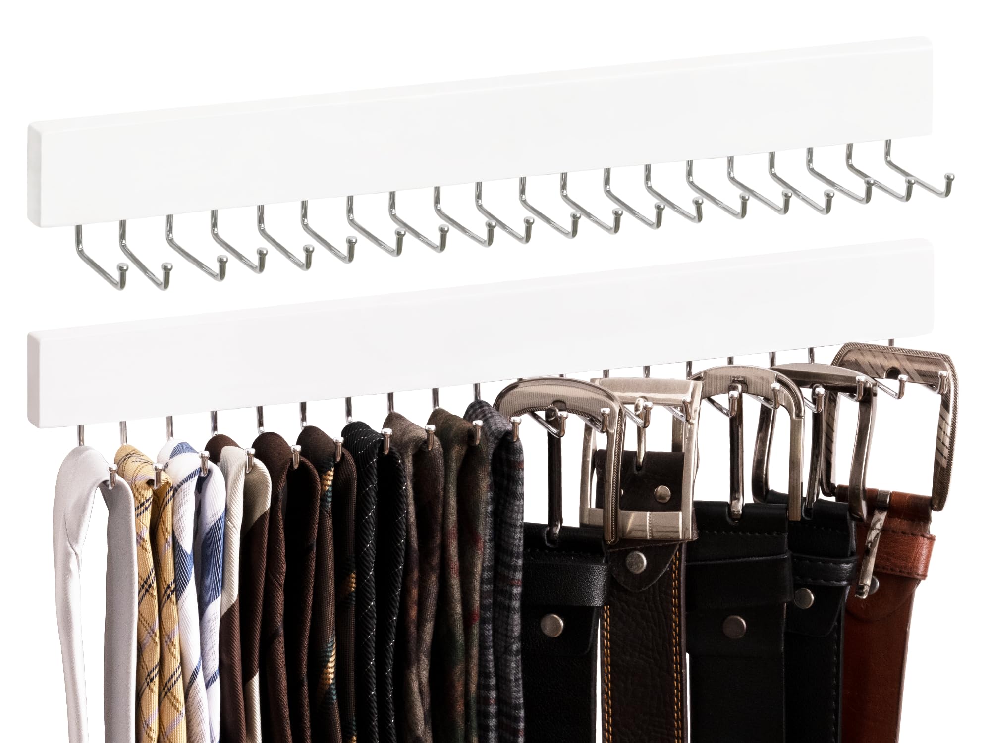 StorageWorks 20-Hook Wooden Tie Rack - 2 Pack Wall Mounted Organizer for Neckties, Belts & Hats (White) | Perfect for Closet, Bedroom & Office Organization