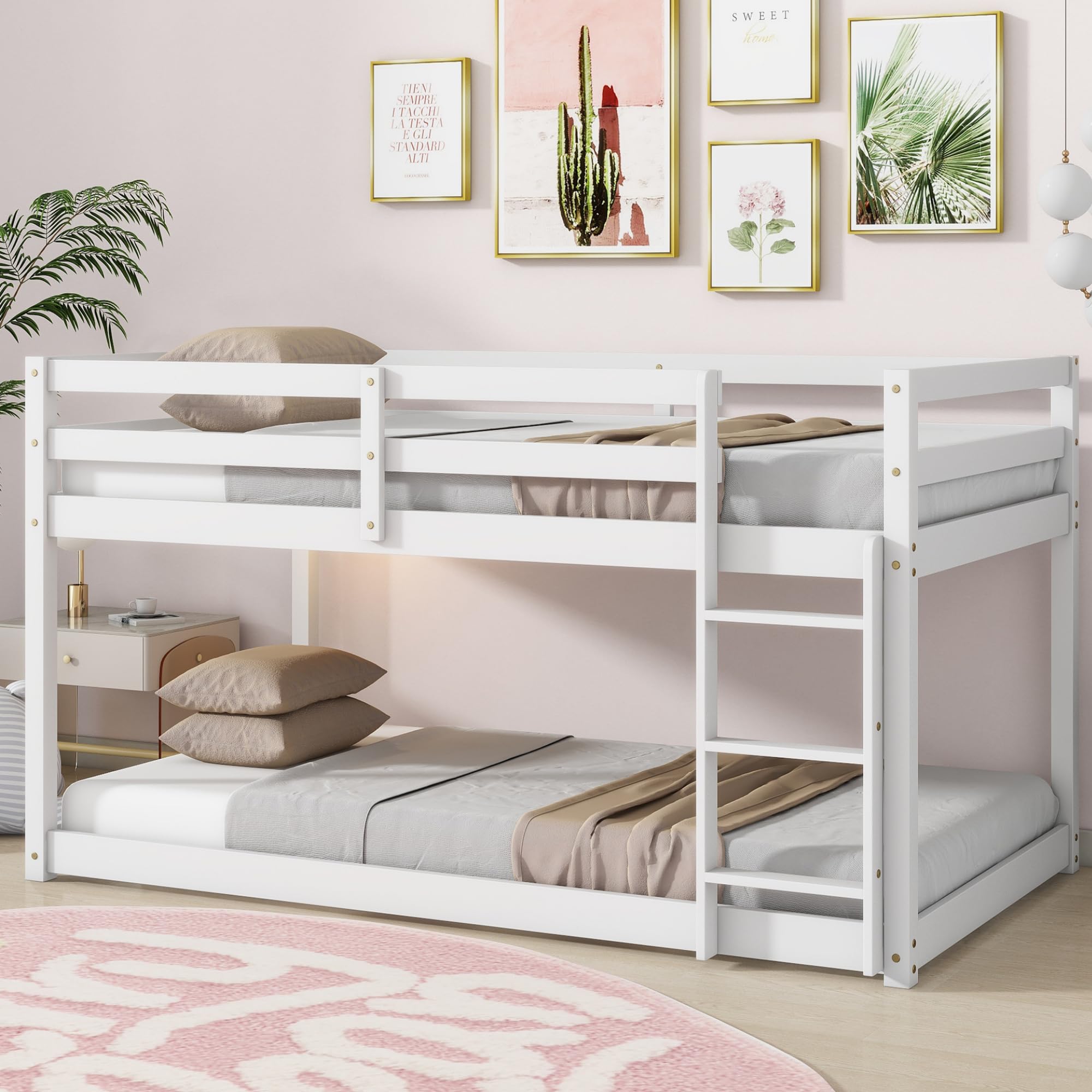 Low Twin Over Twin Bunk Bed Frame - Sturdy Wooden Junior Loft Bed for Kids, Boys & Girls with Safety Rails - Perfect for Small Rooms, Sleepovers & Kids' Bedrooms (White)