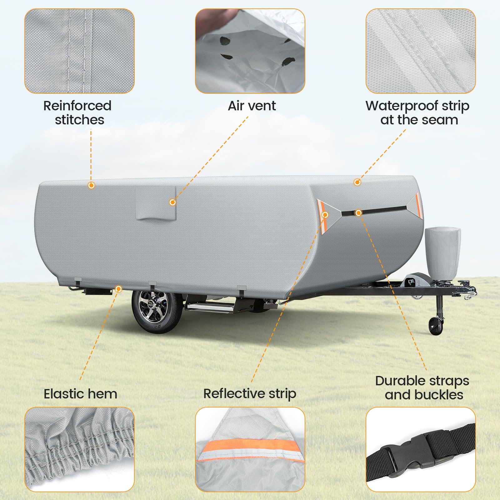 Heavy Duty Waterproof Pop Up Camper Cover - Ripstop Fabric with 3 Adjustable Bottom Straps, UV Protection & Windproof Design for All Season Use - Fits 10' to 12' Trailers - Perfect for Outdoor Storage, Camping Trips & RV Protection