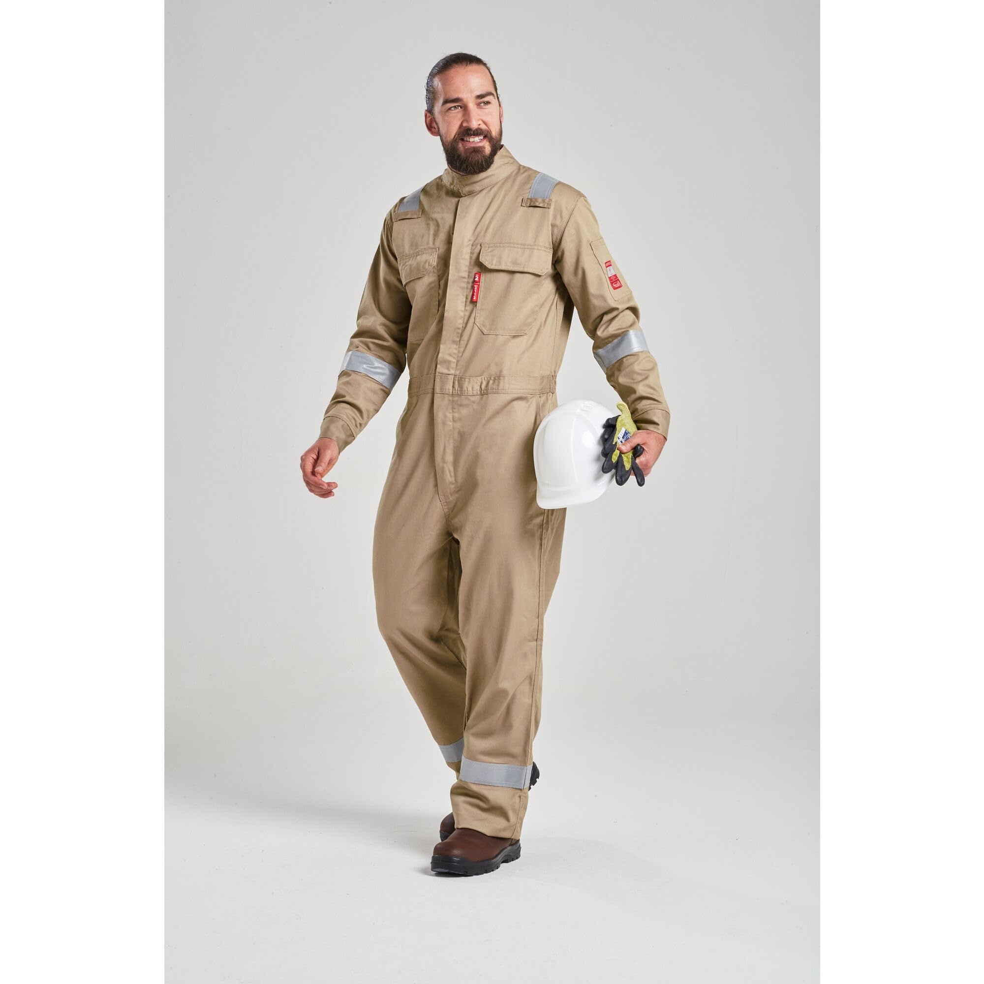 Portwest FR94 Bizflame Fire-Resistant Coverall with Reflective Tape - ASTM/NFPA Certified - Khaki - Size 3XL - Ideal for Industrial Work, Welding & Fire Safety Professionals