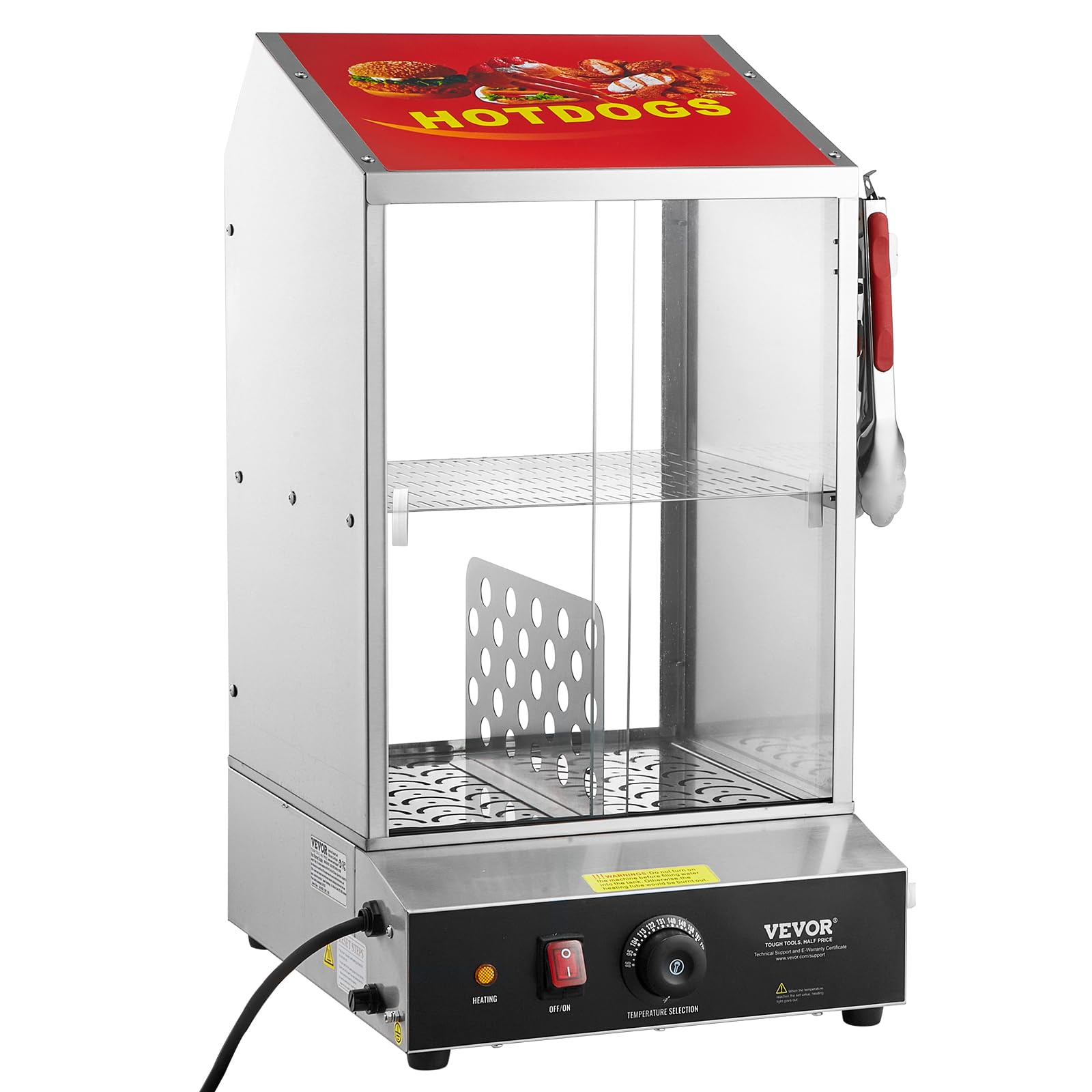 VEVOR 39QT Commercial Hot Dog Steamer - 2-Tier Electric Bun Warmer with Temperature Control (86°F-185°F), Stainless Steel Hot Dog Machine with Tempered Glass Doors & Serving Tools - Perfect for Hot Dog Stands, Food Trucks, and Restaurant Kitchens