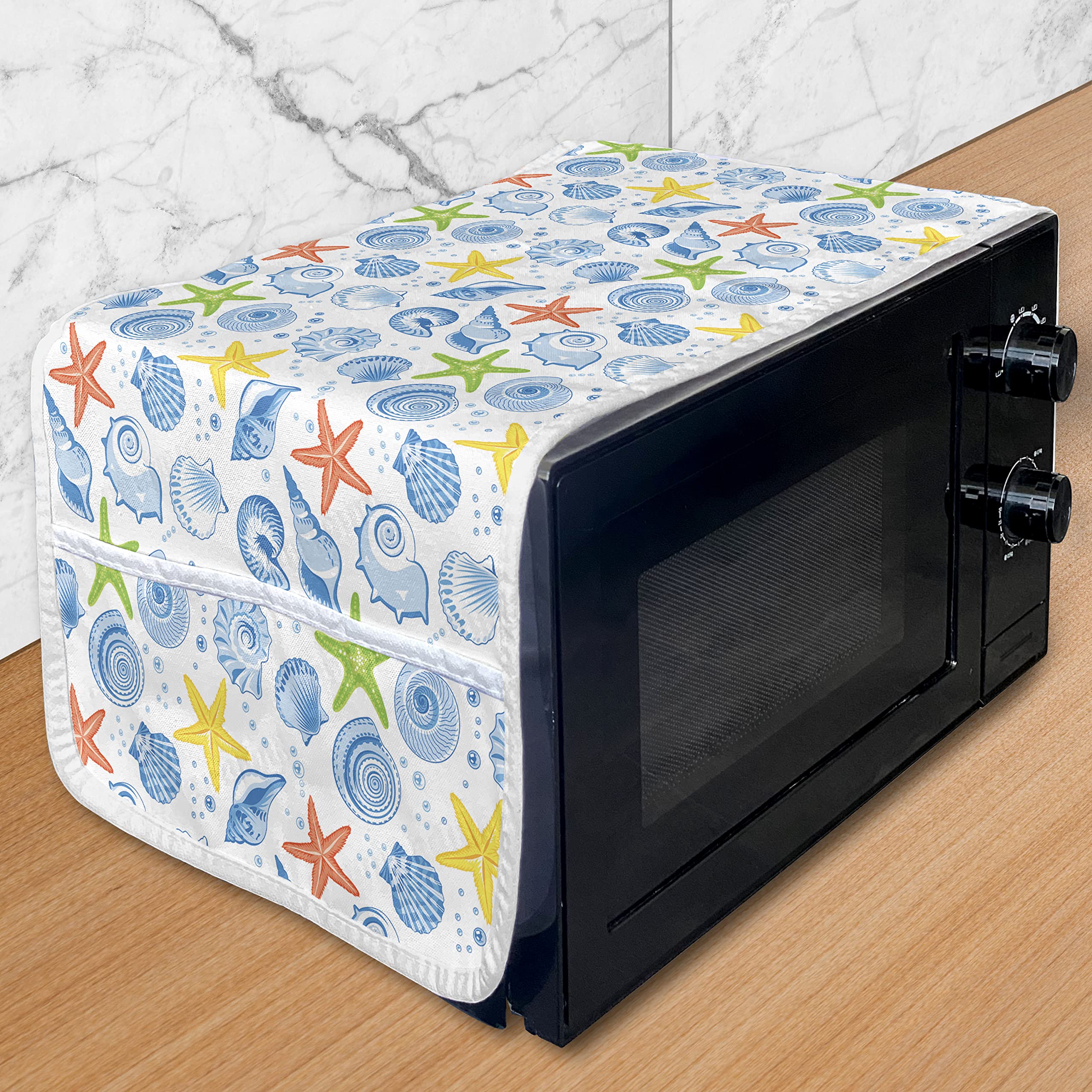 Ambesonne Waterproof Microwave Cover with Pockets - Nautical Starfish Coral Reef Design, Blue & Yellow, 36