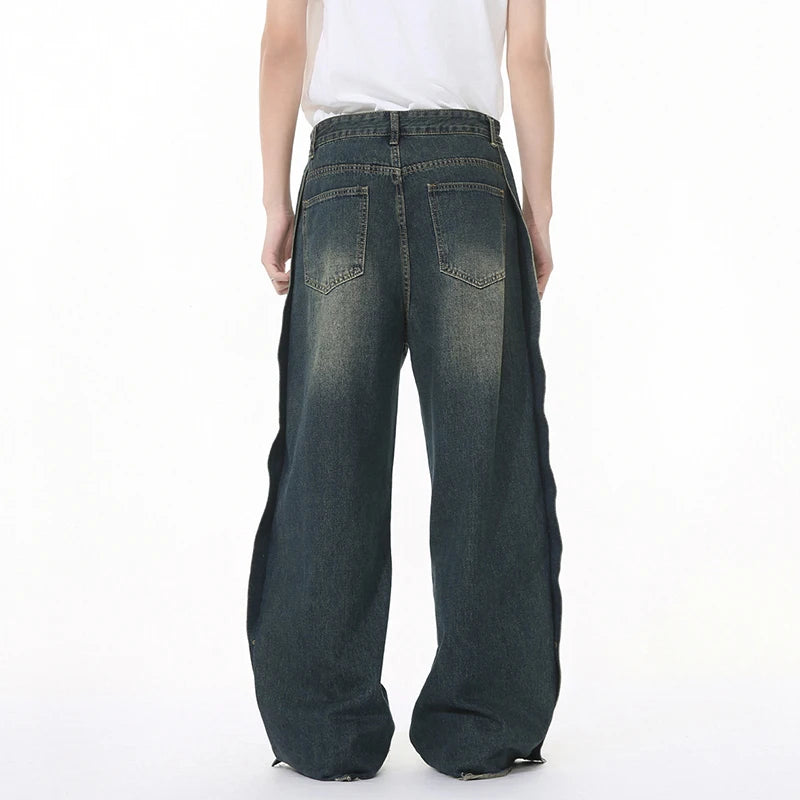 American Style Men's Jeans - Solid Color Distressed Denim Pants with Raw Edge & Wide Leg Design | Casual Straight Fit Loose Comfortable Male Trousers | Perfect for Streetwear, Daily Wear & Urban Fashion Outfits