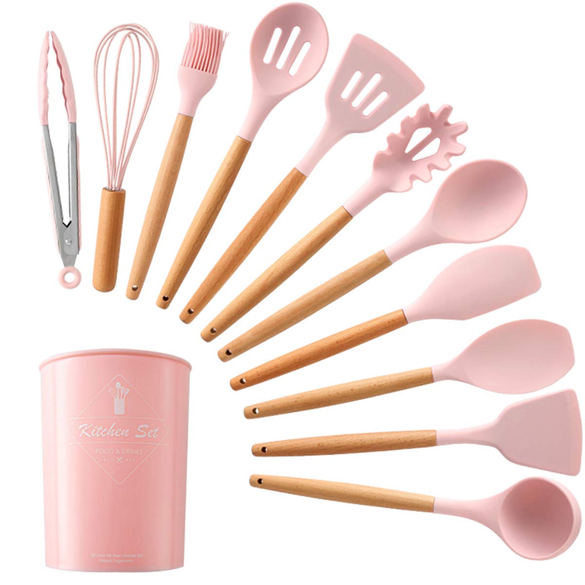 WINCOOK 12-Piece Silicone Cooking Utensil Set with Wooden Handles - BPA Free Non-Stick Spatula, Spoon, Turner & More - Kitchen Gadgets with Holder (Pink) - Perfect for Baking, Frying & Everyday Cooking