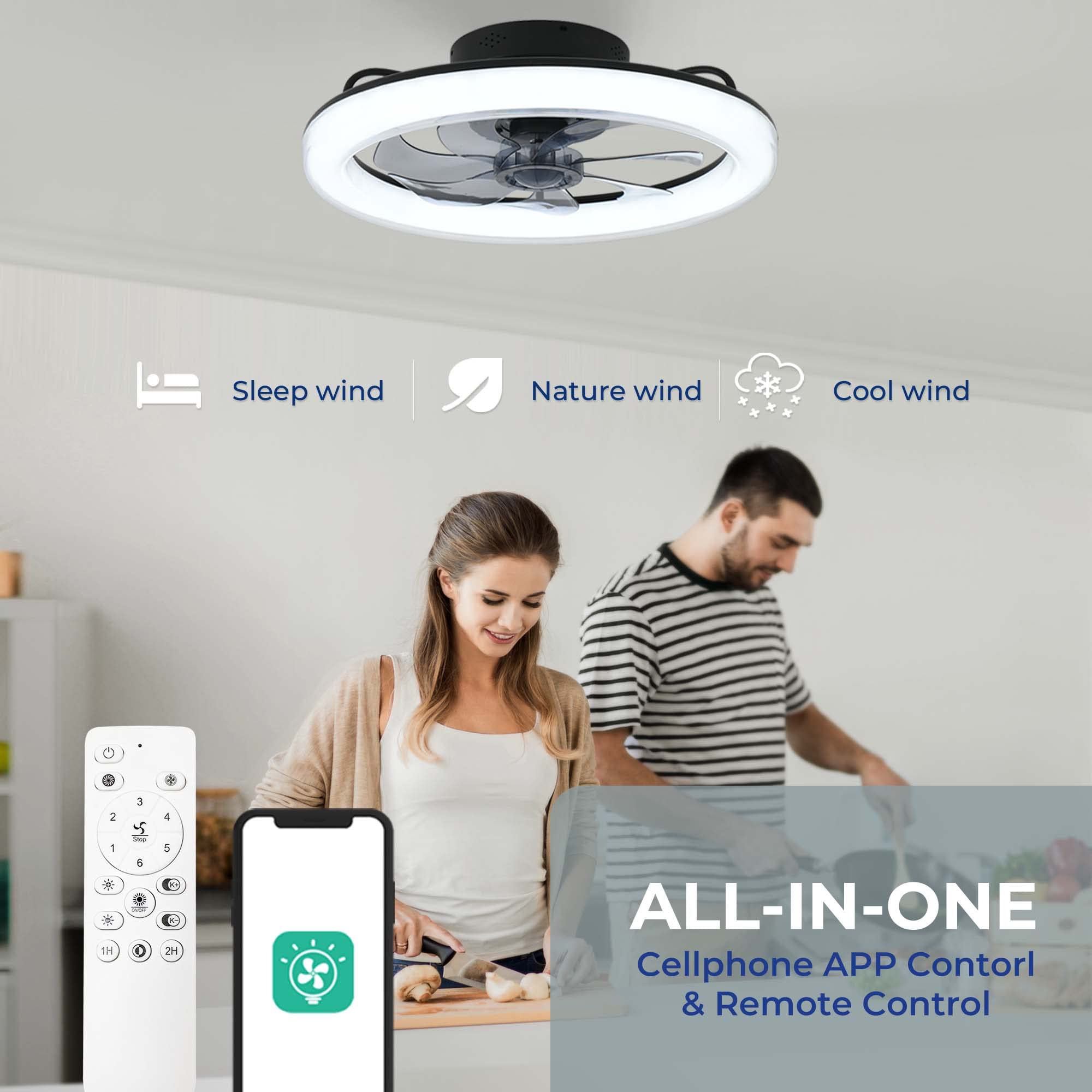 CHANFOK 20 Inch Low Profile Flush Mount Ceiling Fan with Dimmable LED Light, 6 Speed Reversible Blades, Remote & Smart App Control - Perfect for Bedroom, Living Room, and Office (Black)