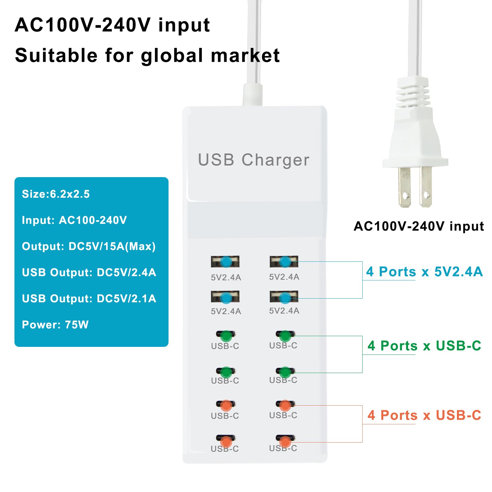 12-Port USB Charging Station with 4 USB-A & 8 USB-C Ports - Fast Charger for iPhone 15/14/13/12 Series, iPad, Samsung Galaxy, Tablets & Smartphones - Perfect for Home, Office, Travel & Multi-Device Charging