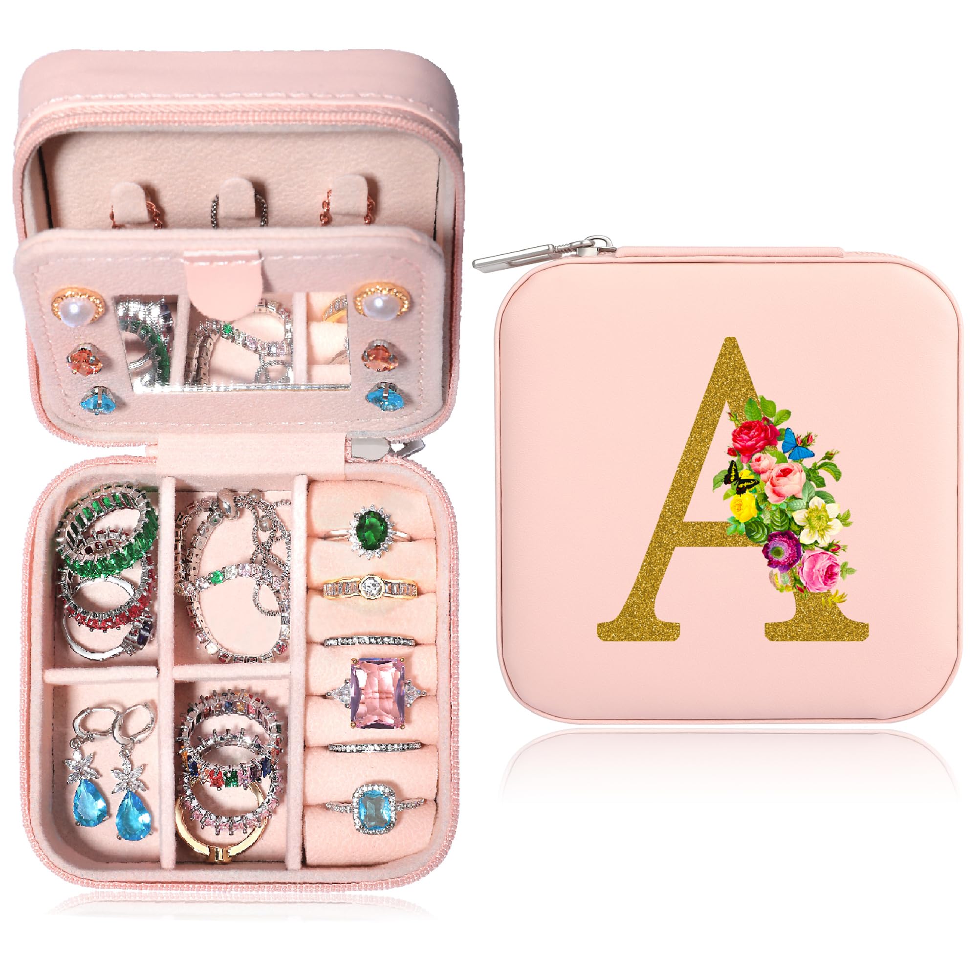 XIUQILAI Personalized Travel Jewelry Organizer Box - Small Jewelry Case for Rings, Necklaces & Earrings | Perfect Gift for Women, Mom, Grandma & Teen Girls (Initial A) | Great for Travel, Home Storage & Birthday Gifts