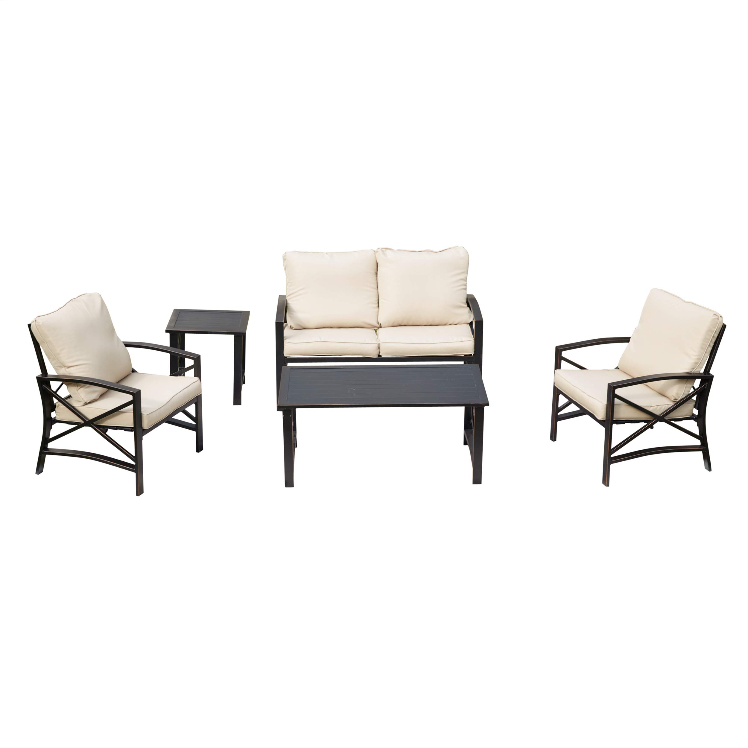 LOKATSE HOME 5-Piece Metal Outdoor Patio Furniture Set - Loveseat Chairs with Table for Backyard, Porch, Garden - Khaki Conversation Set for Relaxing & Entertaining