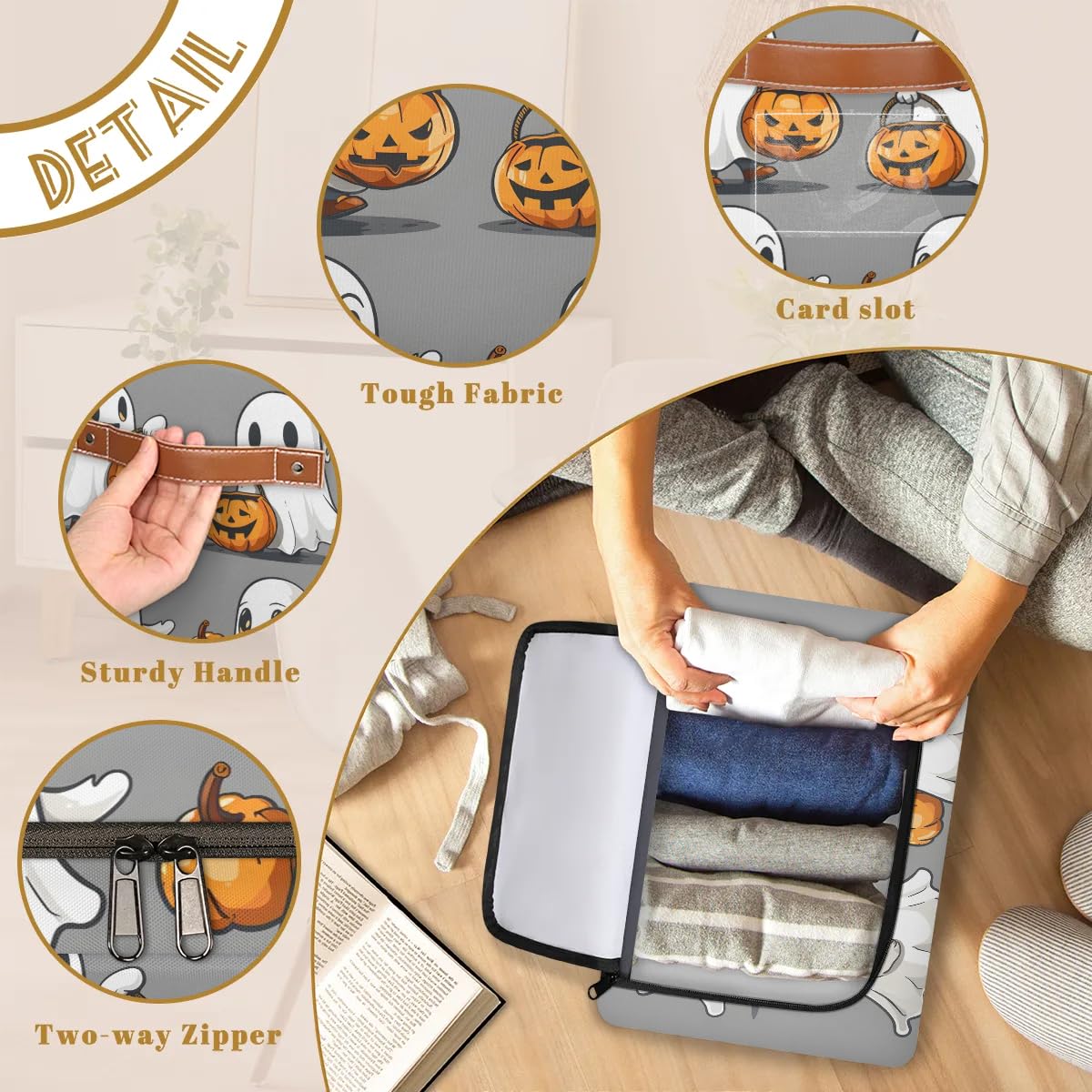 2-Pack Cute Ghost Pumpkin Storage Bins with Zipper Lid - Stackable Metal Frame Closet Organizer Cubes with PU Handles for Clothes, Toys & Seasonal Decor | Halloween, Bedroom & Nursery Storage Solution