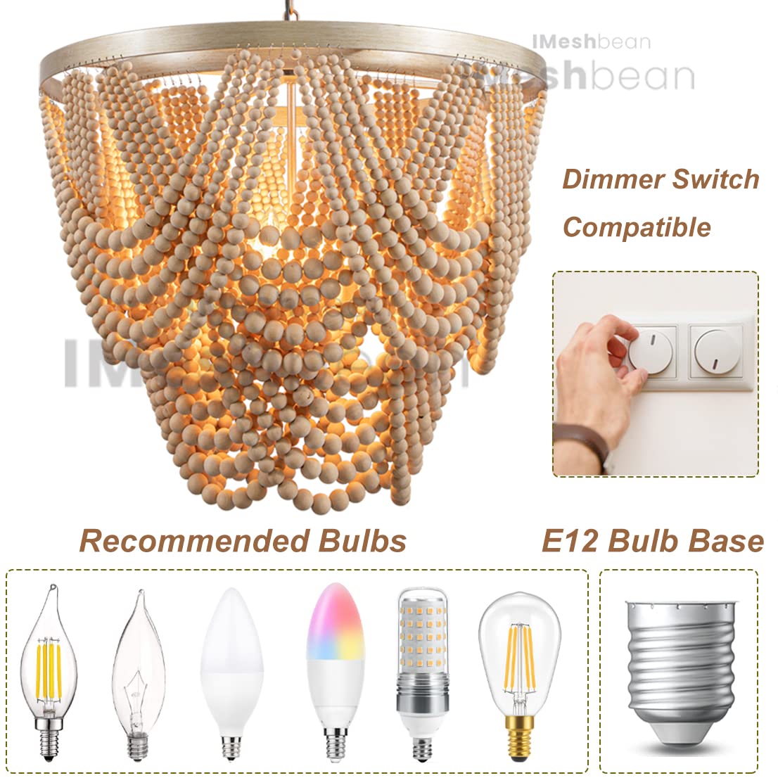 Boho Wood Beaded Chandelier Light Fixture - Handmade Bohemian Farmhouse Ceiling Light with Draped Beads for Living Room, Bedroom & Dining Room Decor
