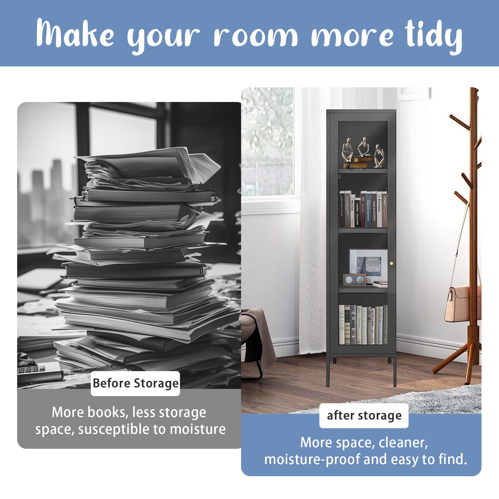 Glass Display Cabinet with 4 Adjustable Shelves - Curio Cabinet with Glass Doors for Home, Office, Clinic or Pantry - Easy Assembly Required (Black) - Perfect for Showcasing Collectibles, China, Books or Retail Merchandise
