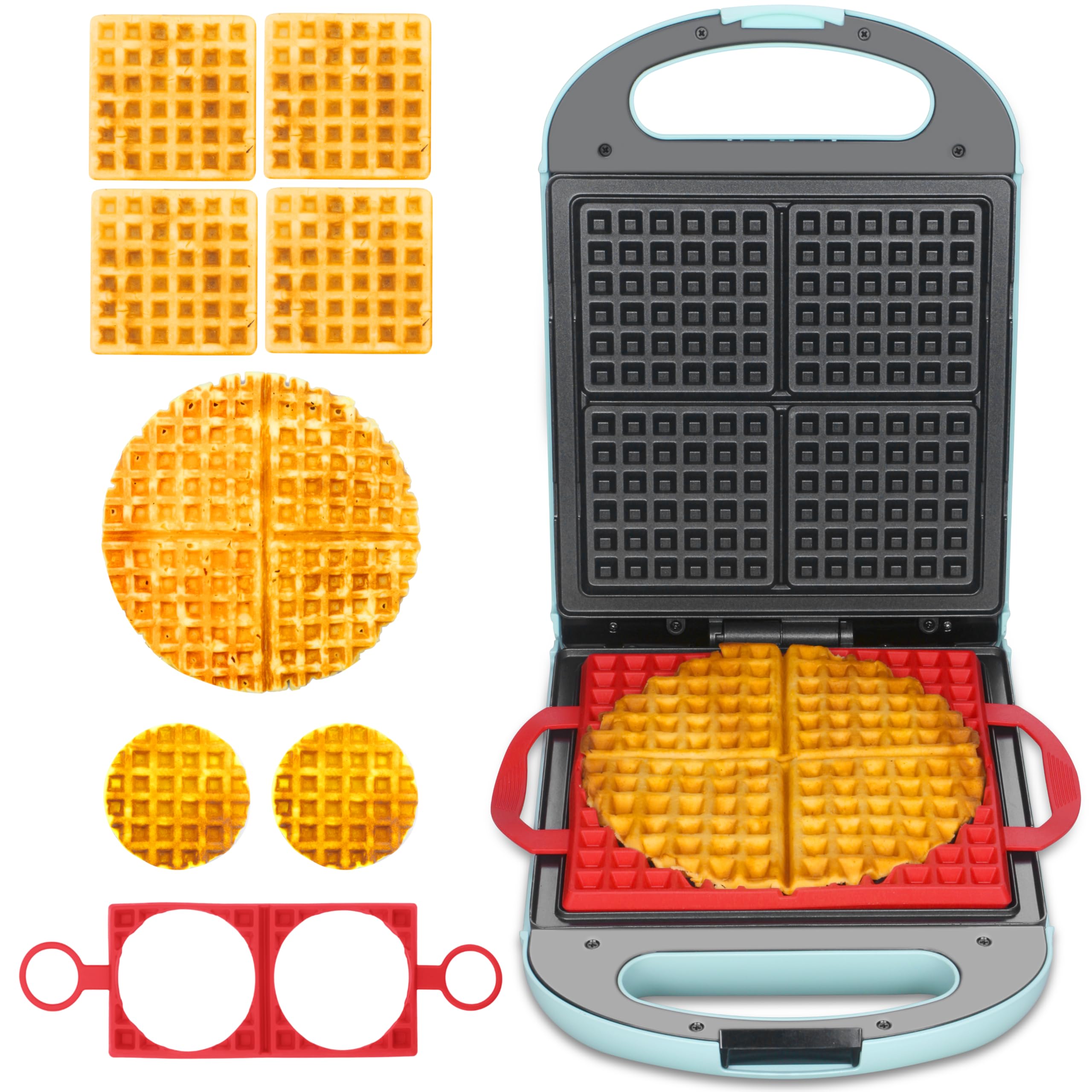 Baker's Friend Multi-Shape Waffle Maker - 4-in-1 Mini, American Classic, Belgian & Chaffle Waffle Iron with 2 Silicone Molds (Aqua) - Perfect for Breakfast, Brunch, Desserts & Keto Diet