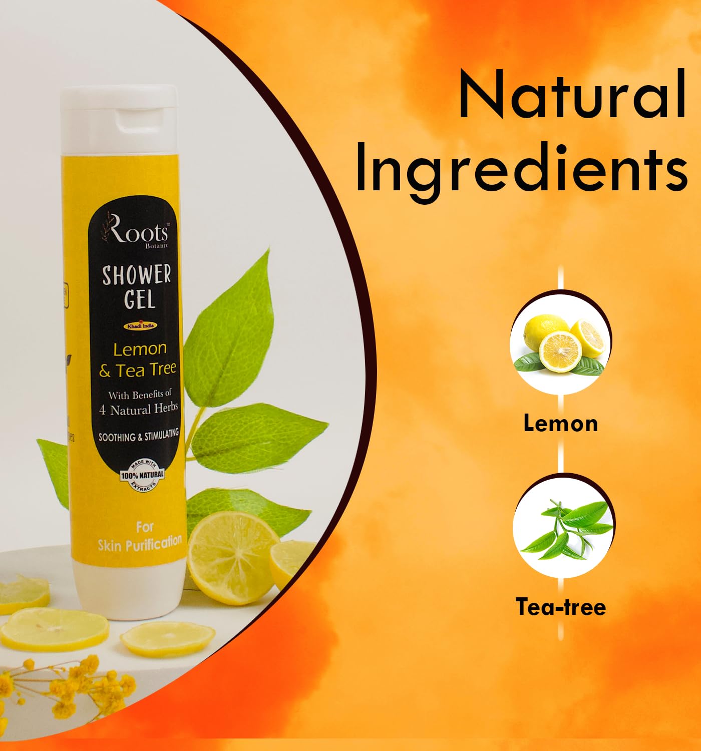Roots Botanix Lemon & Tea Tree Natural Herbs Body Wash - 200ml Fresh & Refreshing Shower Gel for Sensitive Skin - Perfect for Daily Cleansing & Relaxing Bath Time