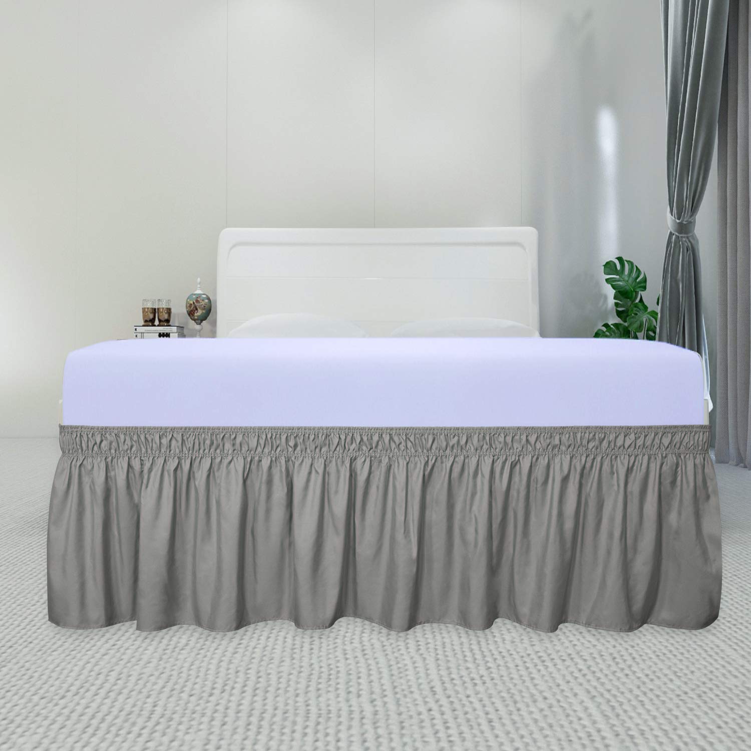 PureFit Wrap Around Ruffled Bed Skirt with Adjustable Elastic Belt - 14 Inch Drop Easy to Install, Wrinkle-Free Dust Ruffle for Queen, King & California King Size Beds | Perfect Bed Frame Cover for Hotels, Guest Rooms & Master Bedrooms (Gray)