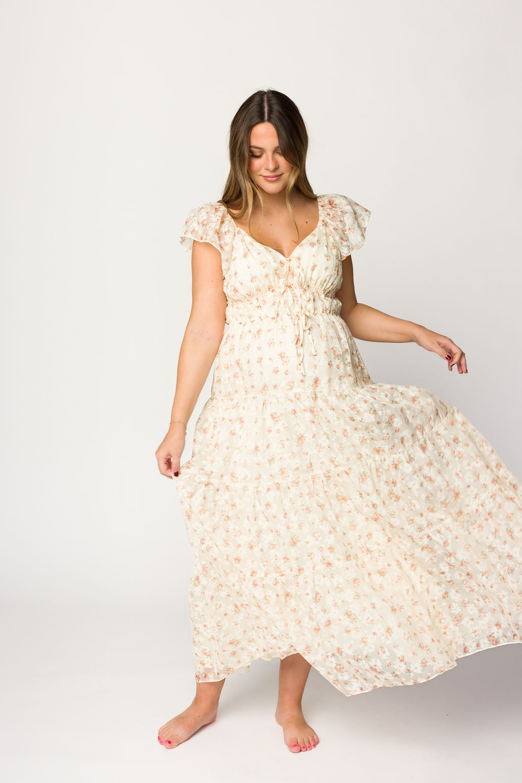 Elegant Floral & Gingham Ruffled Maxi Dress for Women - Cream Peach Floral Print Summer Dress, Perfect for Beach Vacations, Weddings & Date Nights