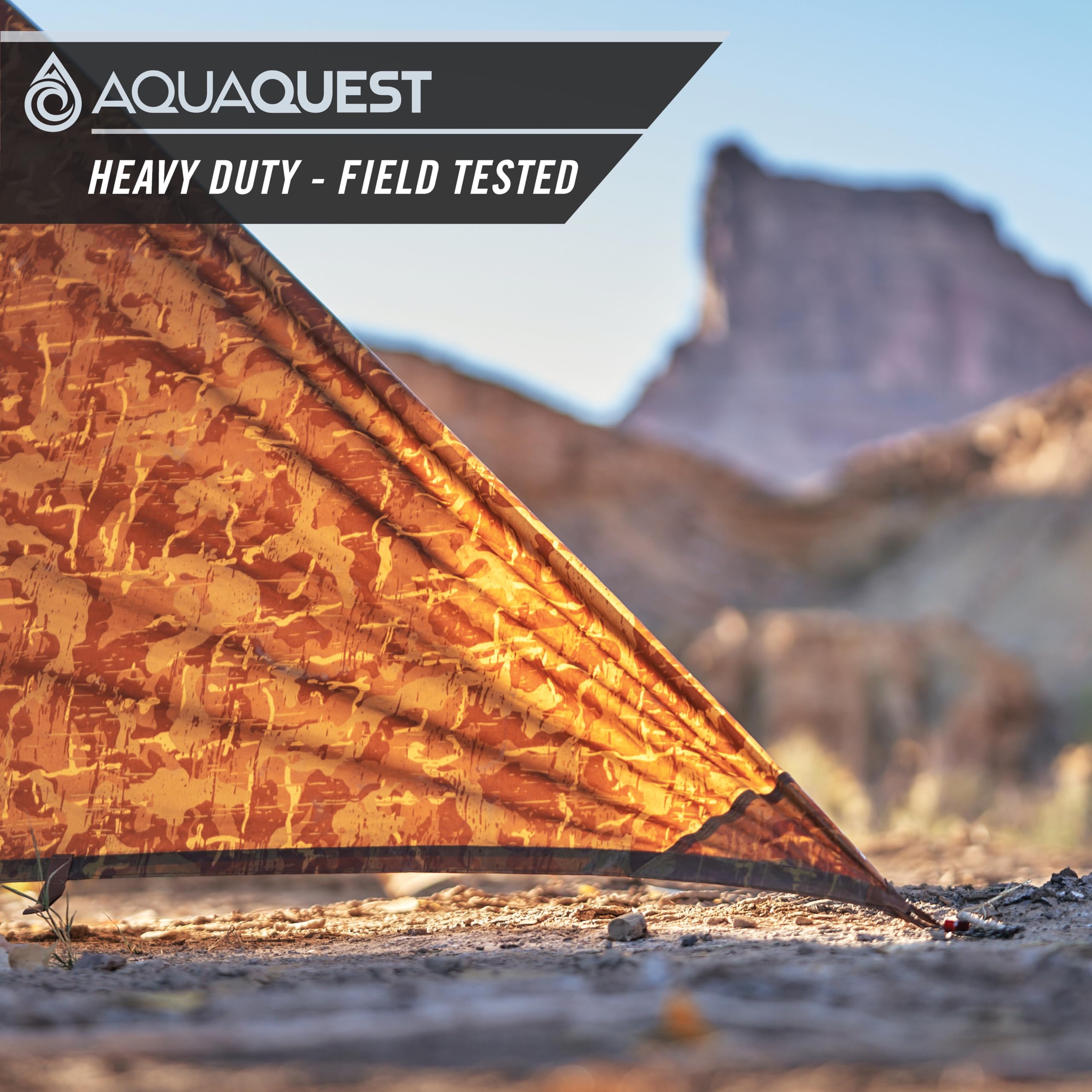 AquaQuest Defender Heavy Duty Waterproof Camping Tarp - 10x10 ft True Terrain Camo Tent Shelter & Rain Fly for Hiking, Bushcraft, Hammock - Perfect for Outdoor Adventures, Emergency Shelter & Backpacking Gear