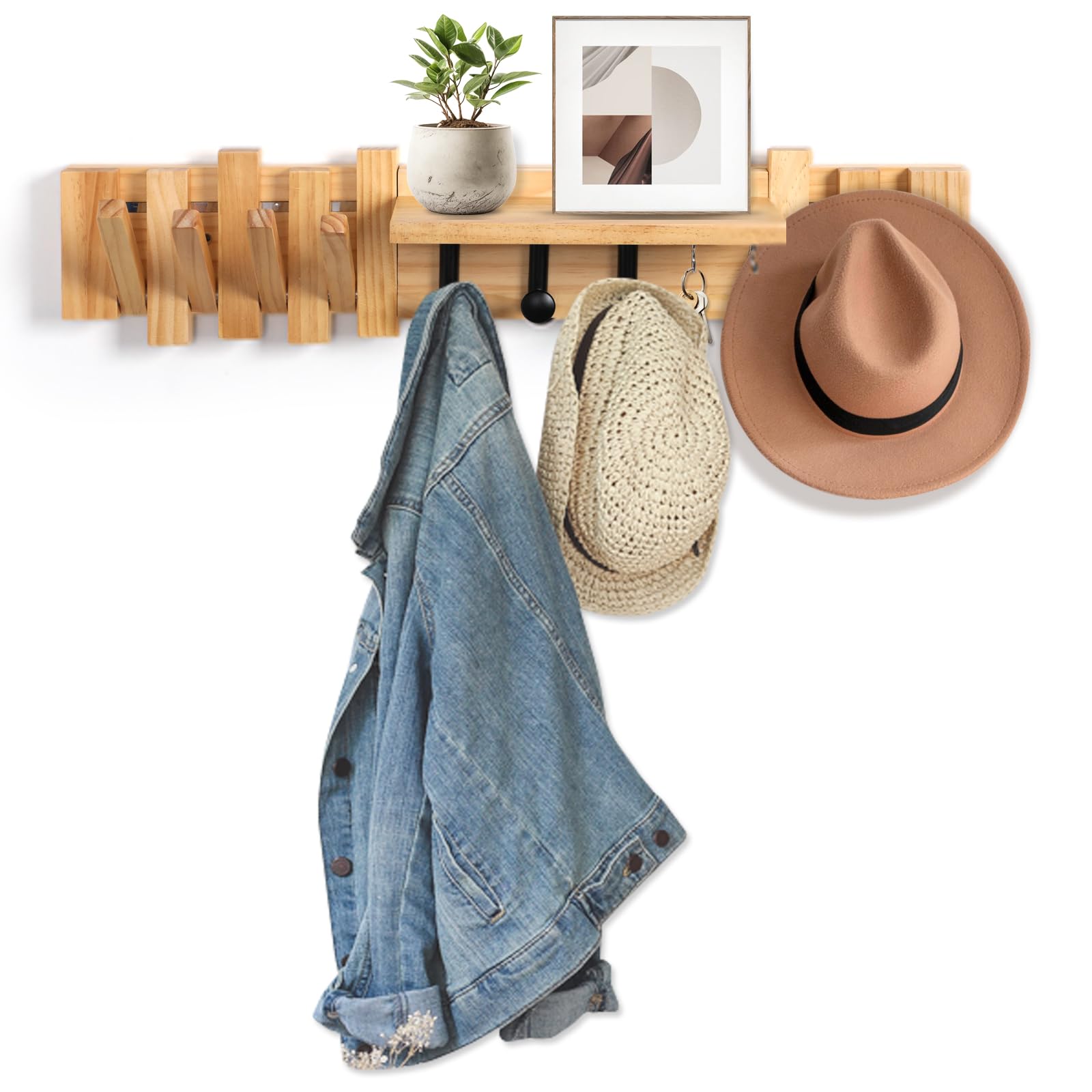 Zingoetrie Wooden Coat Rack Wall Mount Shelf with 11 Hooks - Sturdy Wall Mounted Entryway Organizer for Coats, Bags, Hats & Umbrellas - Perfect Housewarming & Holiday Gift for Home, Office, or Dorm Decor