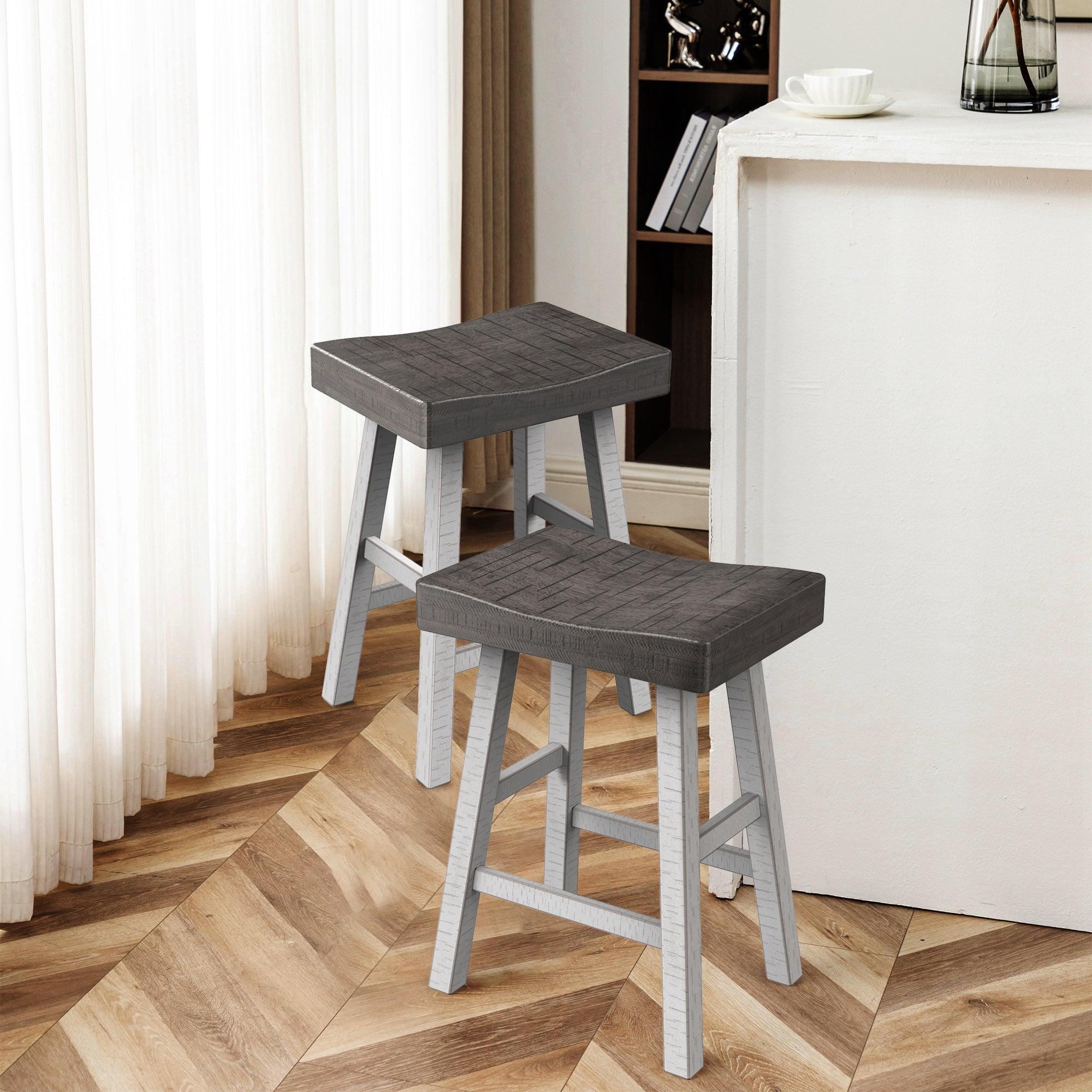 Set of 2 Farmhouse Solid Wood Bar Stools - Backless Saddle Seat Counter Height Chairs for Kitchen Island, Breakfast Nook & Home Office - Perfect for Rustic Decor, Dining & Small Space Living