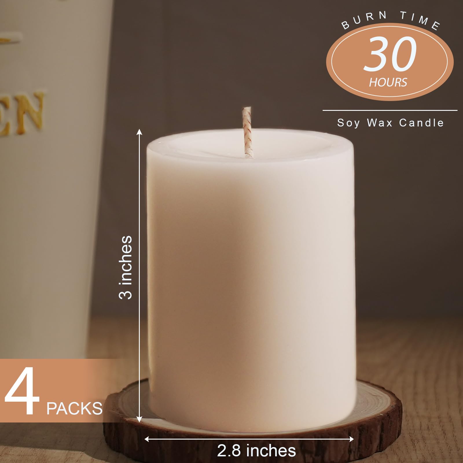 Unscented White Pillar Candles - 3 Inch Dripless Smokeless Candles (4 Pack) for Wedding Centerpieces, Party Decor, Spa Relaxation, Dinner Table Setting & Home Decor