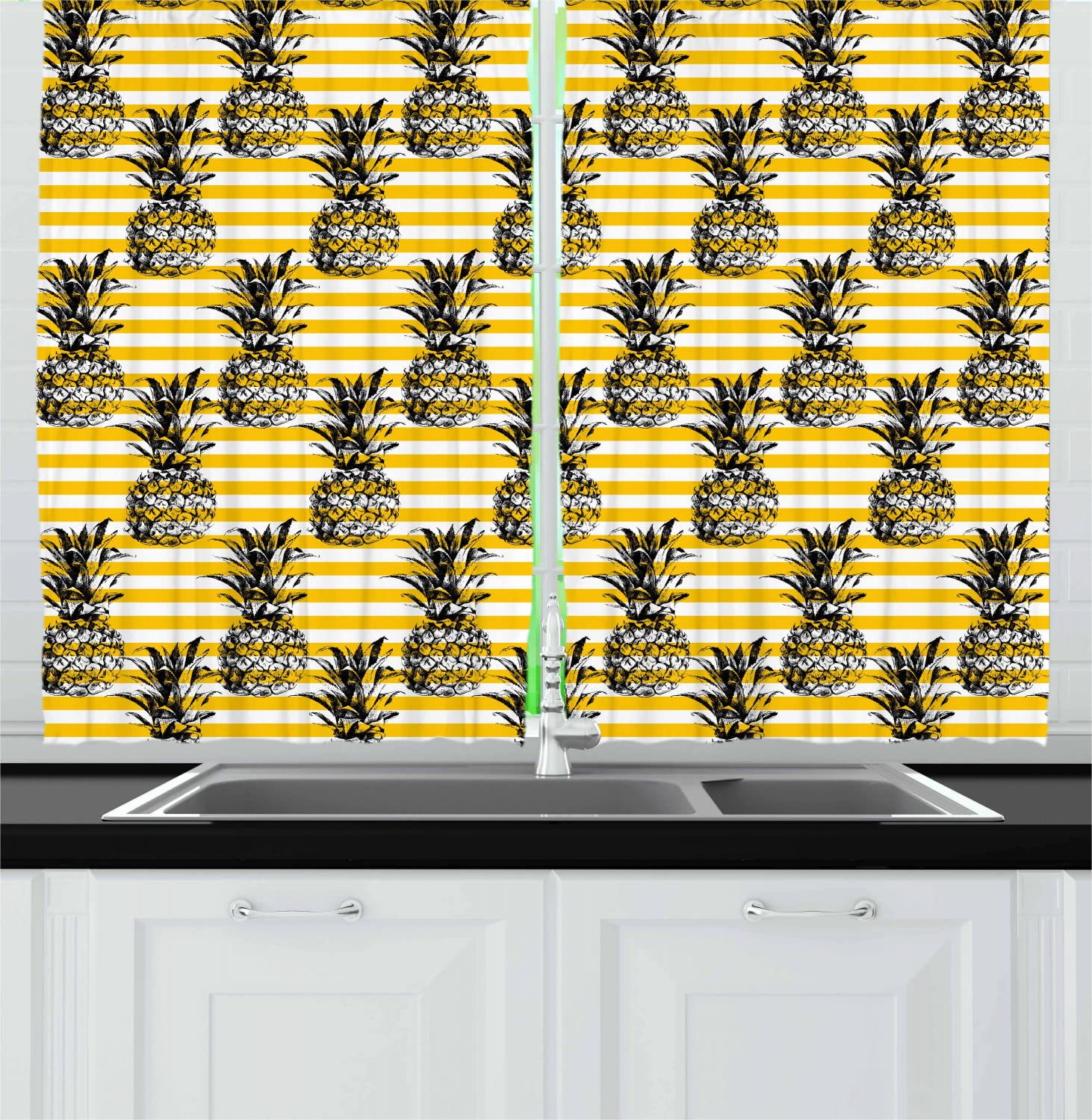 Ambesonne Fruits Long Kitchen Curtains - Modern Pineapple Print on Minimalist Background, 2 Panel Drapes with Rod Pocket, 55 x 45 Inches, Earth Yellow White & Black - Perfect for Farmhouse, Coastal, or Tropical Kitchen Decor