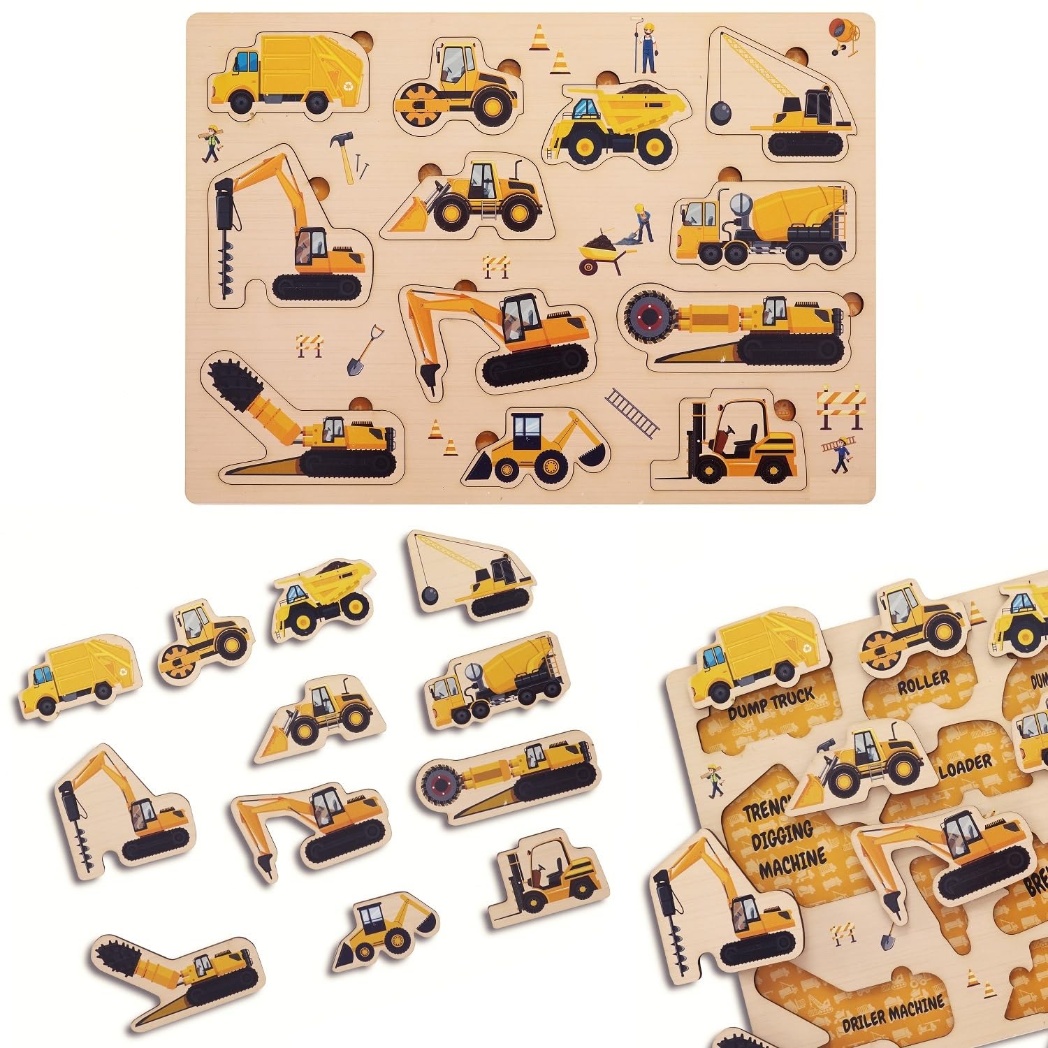 Construction Vehicle Wooden Puzzles for Toddlers - Montessori Learning Toys for Boys & Girls | Educational Gifts for Kids | Perfect for School & Playtime Activities