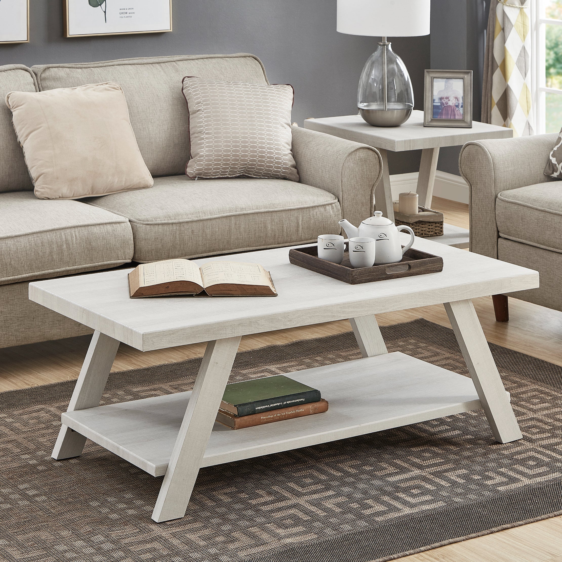Roundhill Furniture Athens Contemporary White Wood Shelf Coffee Table - Modern Living Room Centerpiece for Home Decor & Storage