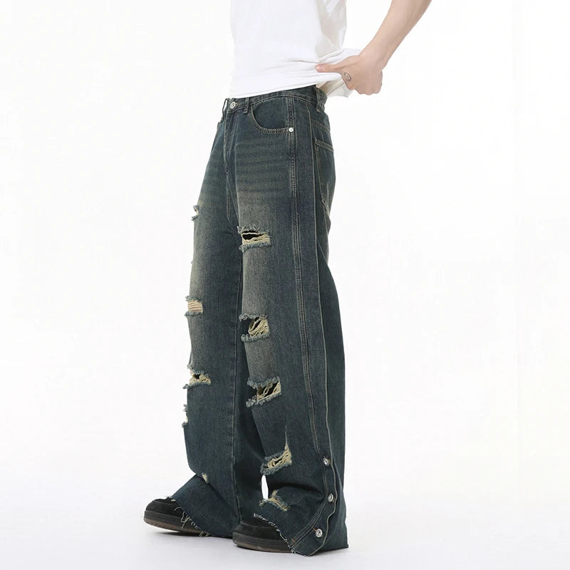 American Style Men's Jeans - Solid Color Distressed Denim Pants with Raw Edge & Wide Leg Design | Casual Straight Fit Loose Comfortable Male Trousers | Perfect for Streetwear, Daily Wear & Urban Fashion Outfits