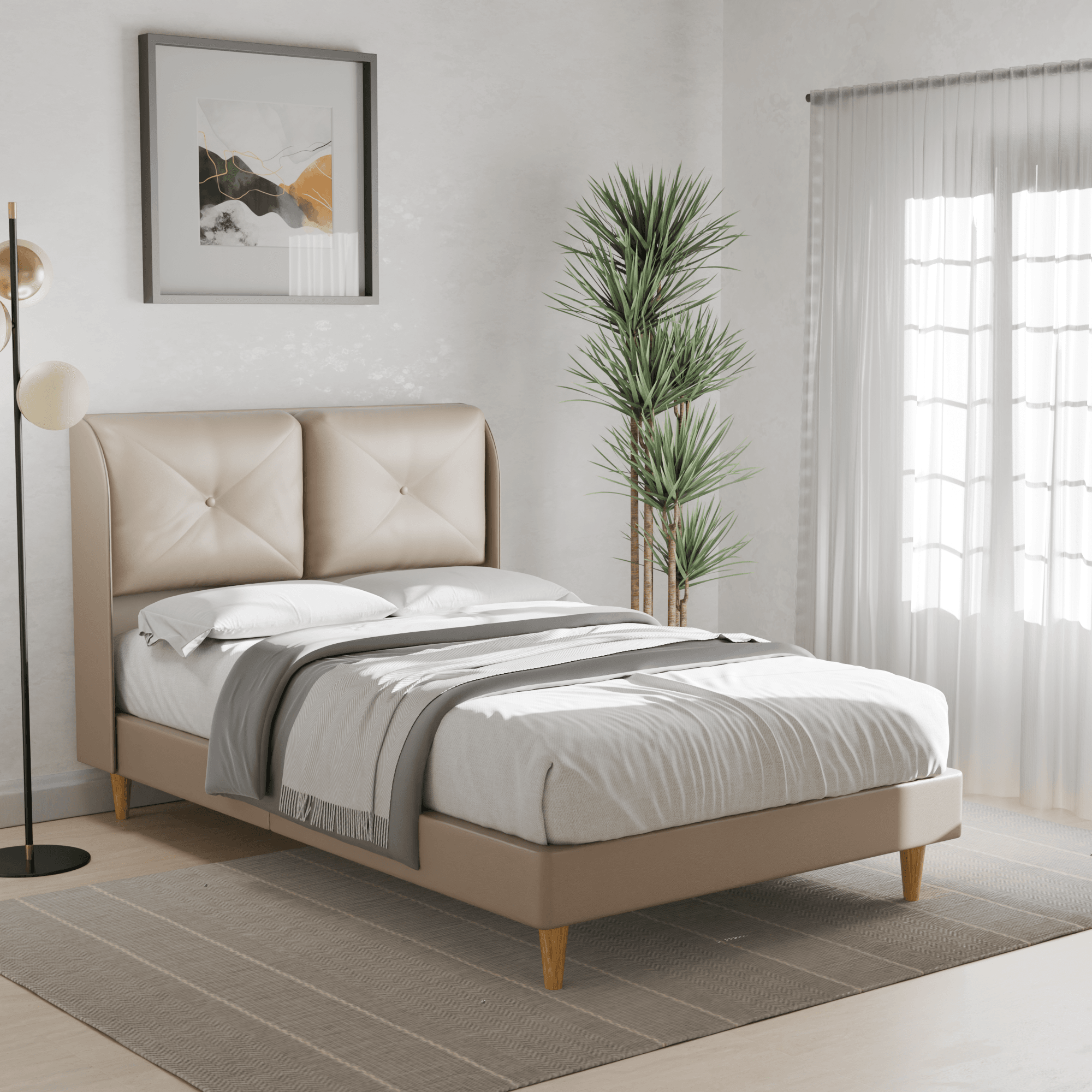 Mohave Faux Leather Upholstered Bed Frame - Queen Size Platform Bed with Wooden Slats Support | Perfect for Modern Bedroom, Guest Room & Master Suite Decor
