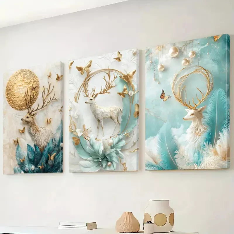 3pcs Elegant Anime Deer and Golden Moon Feather Wall Art Set - Framed Canvas Prints 50x70cm - High Quality Australian Made Home Decor - Perfect for Living Room, Bedroom & Office Decorations