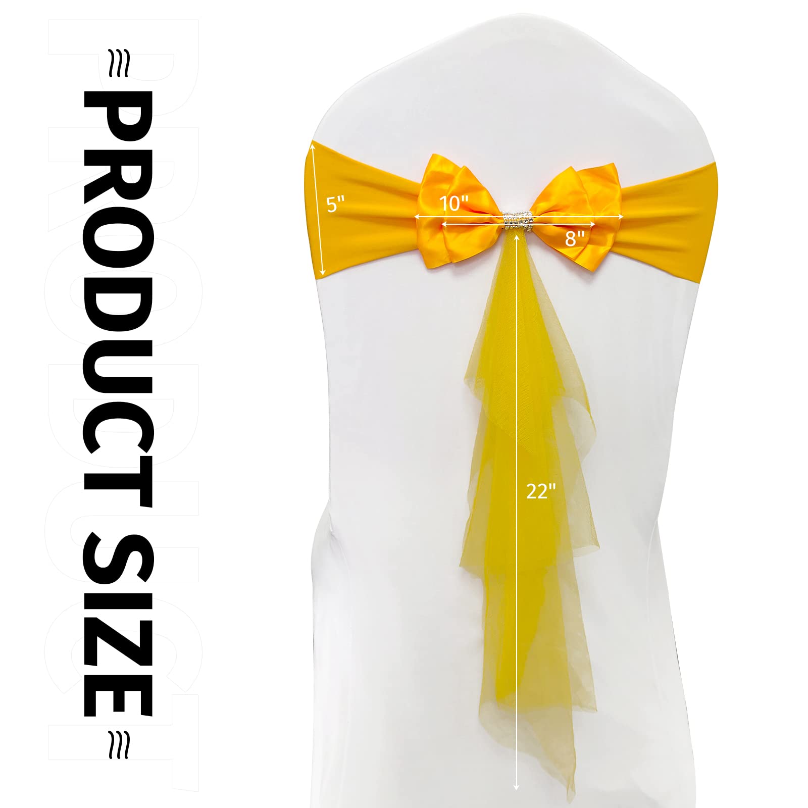 Elegant Gold Yellow Organza Chair Sash Bows - Pack of 60 for Wedding Chair Decorations, Party Decor & Banquet Events - Floating Tied Spandex Chair Cover Bands with Bowknot for Special Occasions