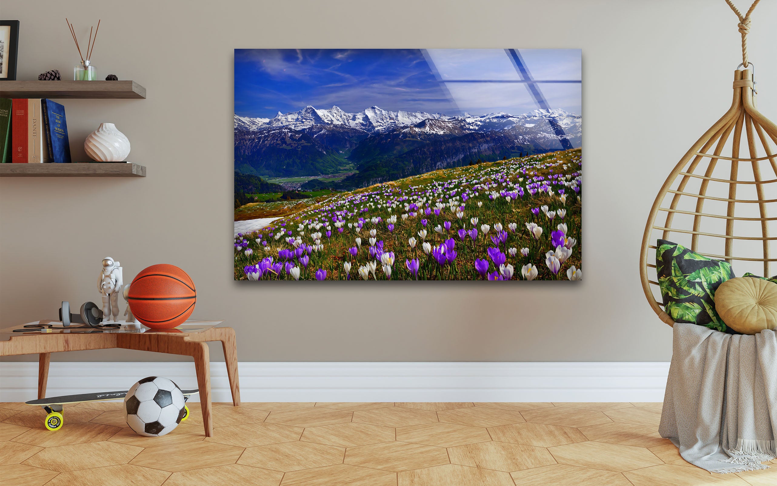 Alpine Meadow Glass Wall Art – Majestic Mountain & Blooming Wildflower Landscape Decor for Living Room, Bedroom & Office – Nature Inspired Home Décor