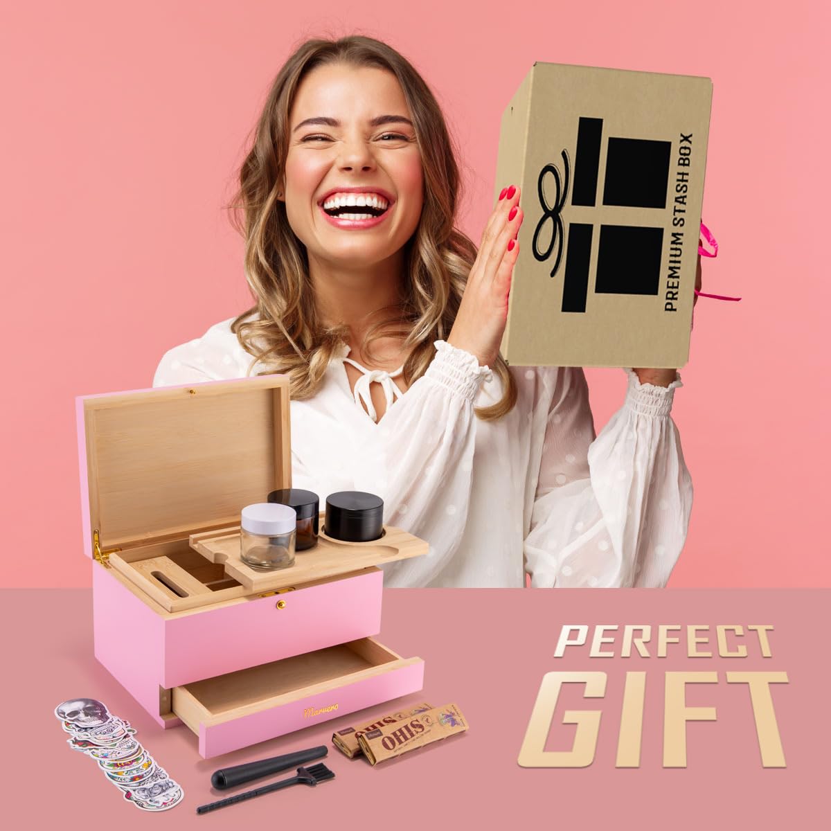 Premium Bamboo Stash Box with Lock - Smell Proof Storage Container with Rolling Tray, Glass Jar & Grid - Decorative Organizer for Herbs, Jewelry & Valuables - Perfect for Home, Travel & Discreet Storage (Pink)