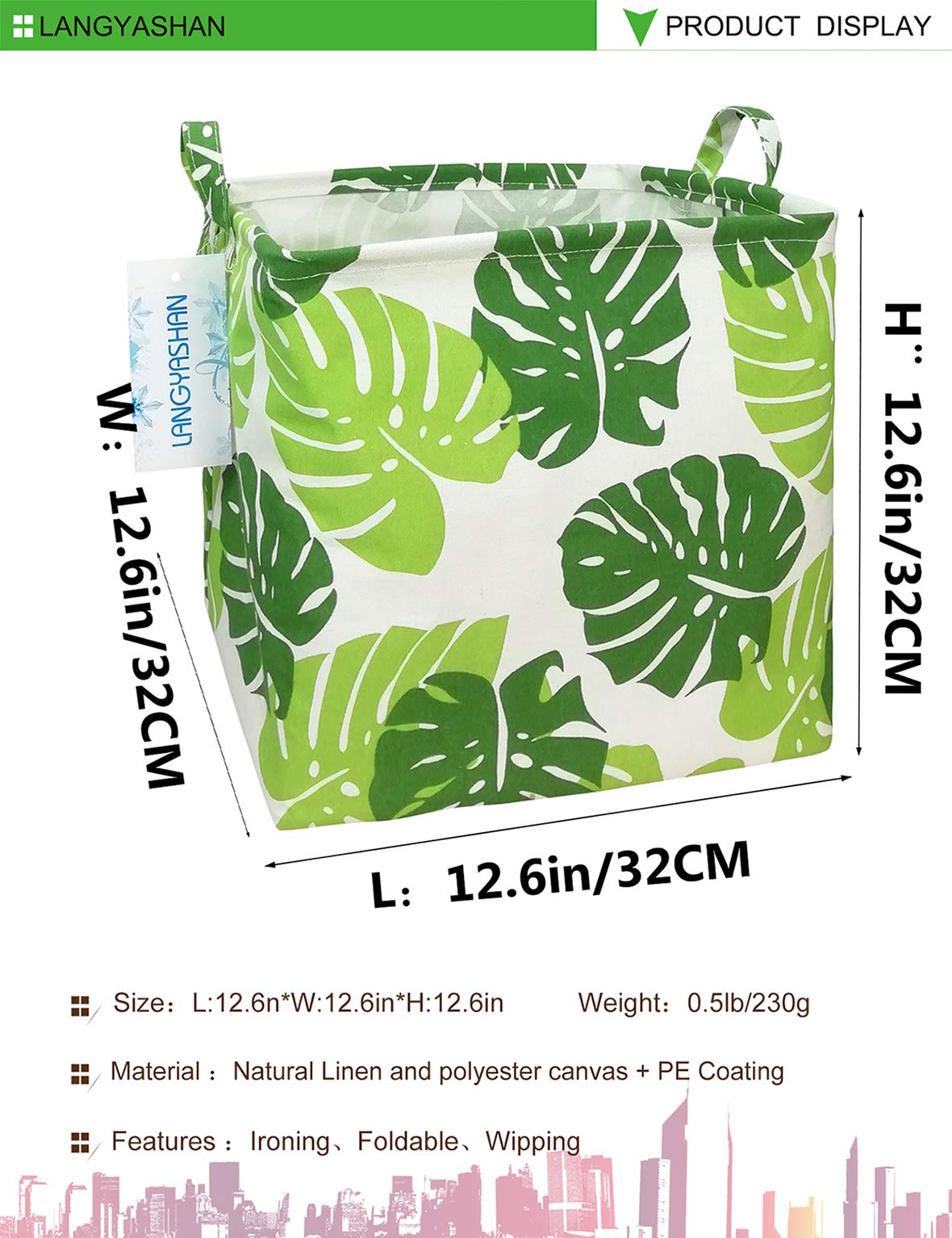 LANGYASHAN Waterproof Canvas Storage Baskets - Square Laundry Hamper for Kids, Nursery Toy Organizer & Room Decor | Perfect for Shelves, Closet Organization & Gift Baskets (Square Leaf Design)